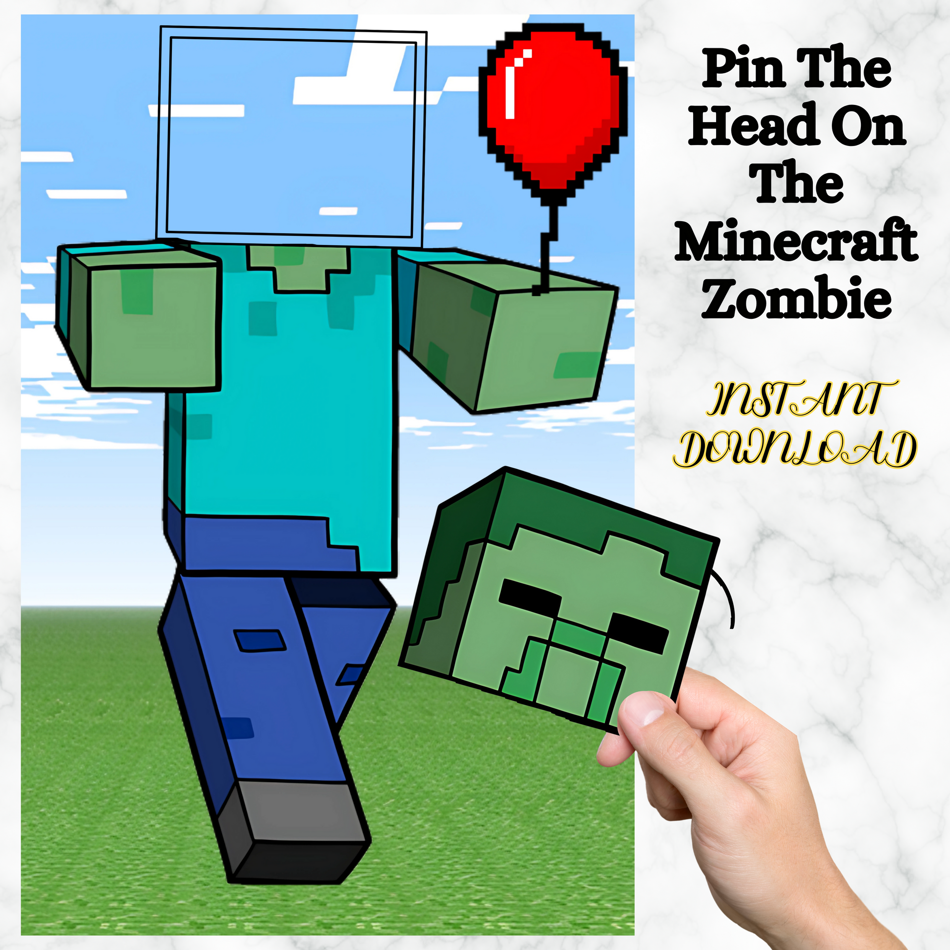 Pin the Head on the Minecraft Zombie Game, Instant Download Minecraft Party Game, Digital Download