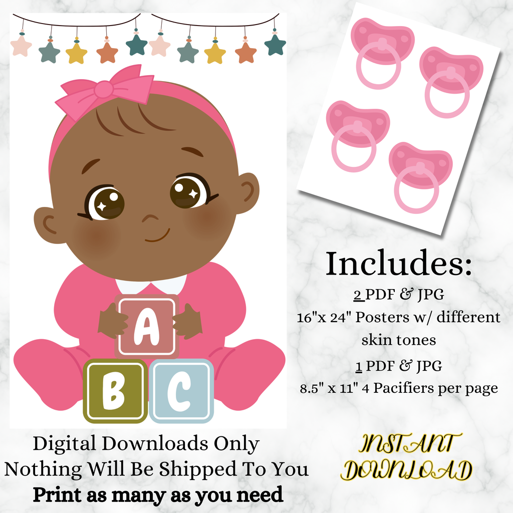 Pin the Pacifier on the Baby Game, Instant Download Baby Shower Game, Gender Reveal Games, Baby Girl Sprinkle Game