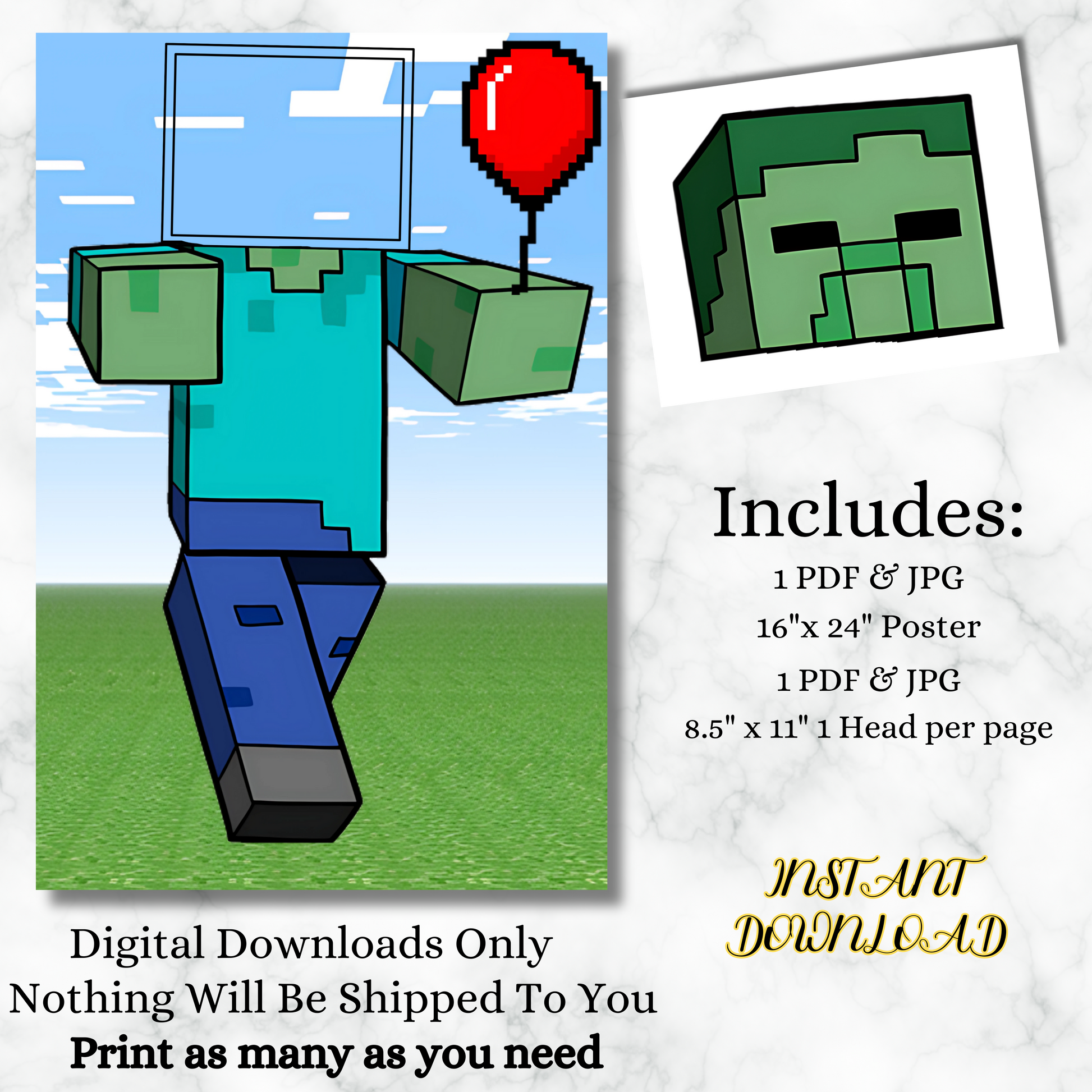 Pin the Head on the Minecraft Zombie Game, Instant Download Minecraft Party Game, Digital Download