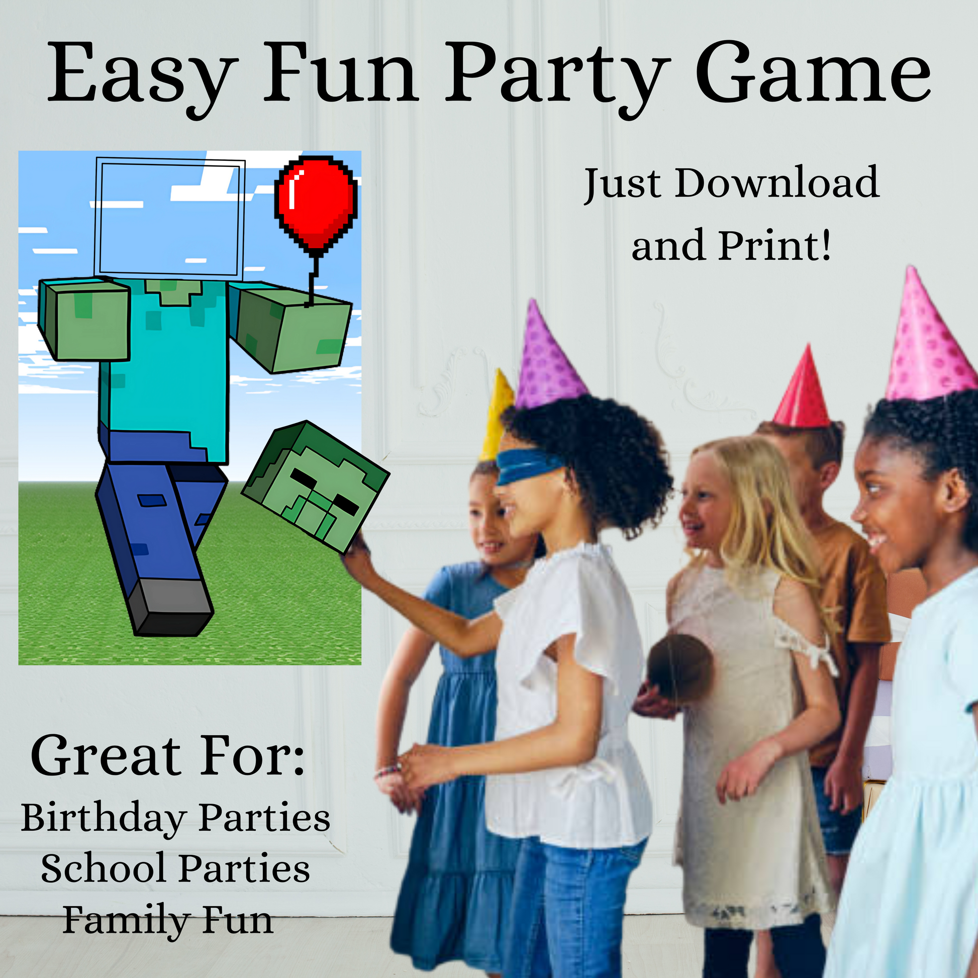Pin the Head on the Minecraft Zombie Game, Instant Download Minecraft Party Game, Digital Download