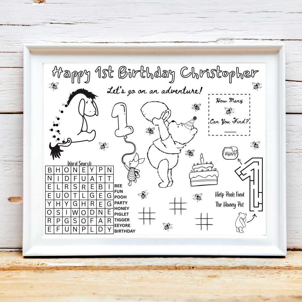 Personalized Classic Winnie the Pooh Birthday Activity Placemat, Pooh Bear Party Games, Hundred Acre Woods Party Favor