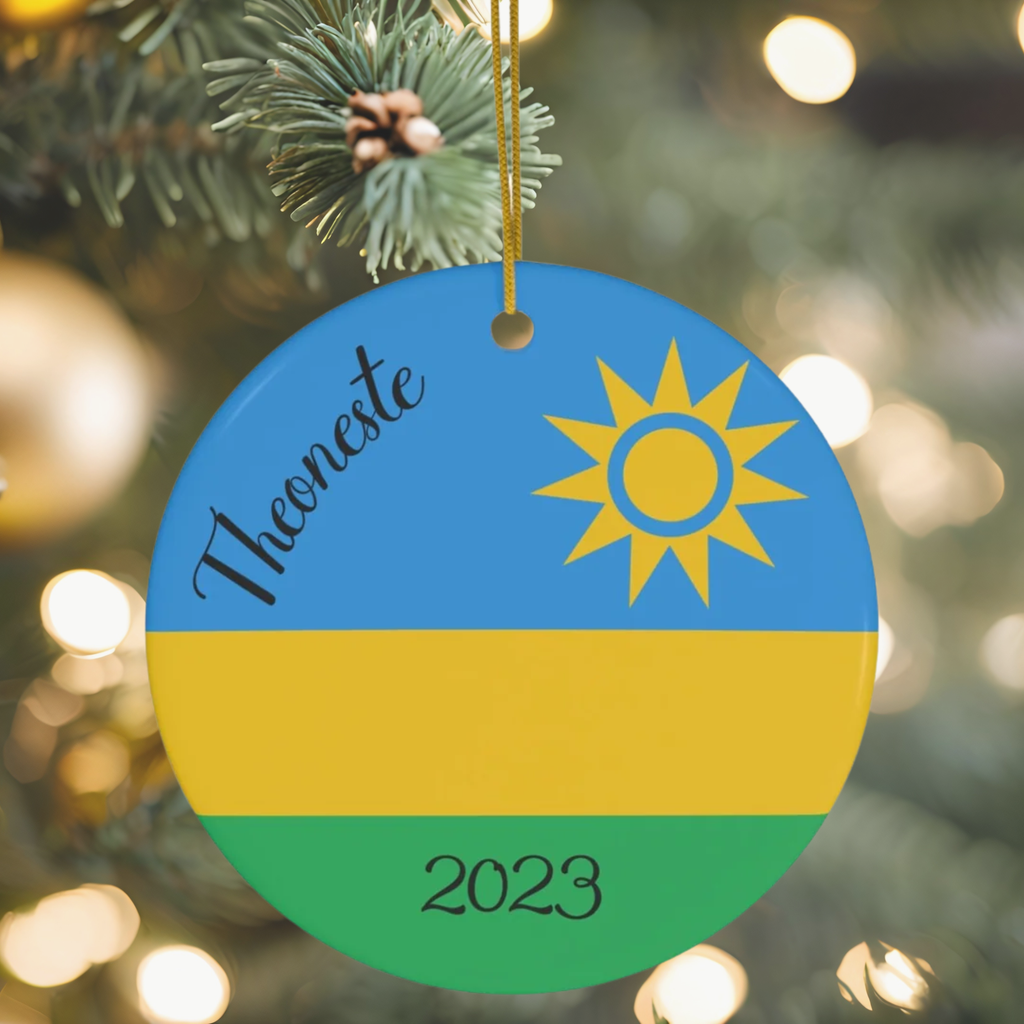 Personalized Rwanda Christmas Ornament Rwandan Flag Kigali Africa Blue Green Yellow World Travel Gift  Round Ceramic African Christmas Decor