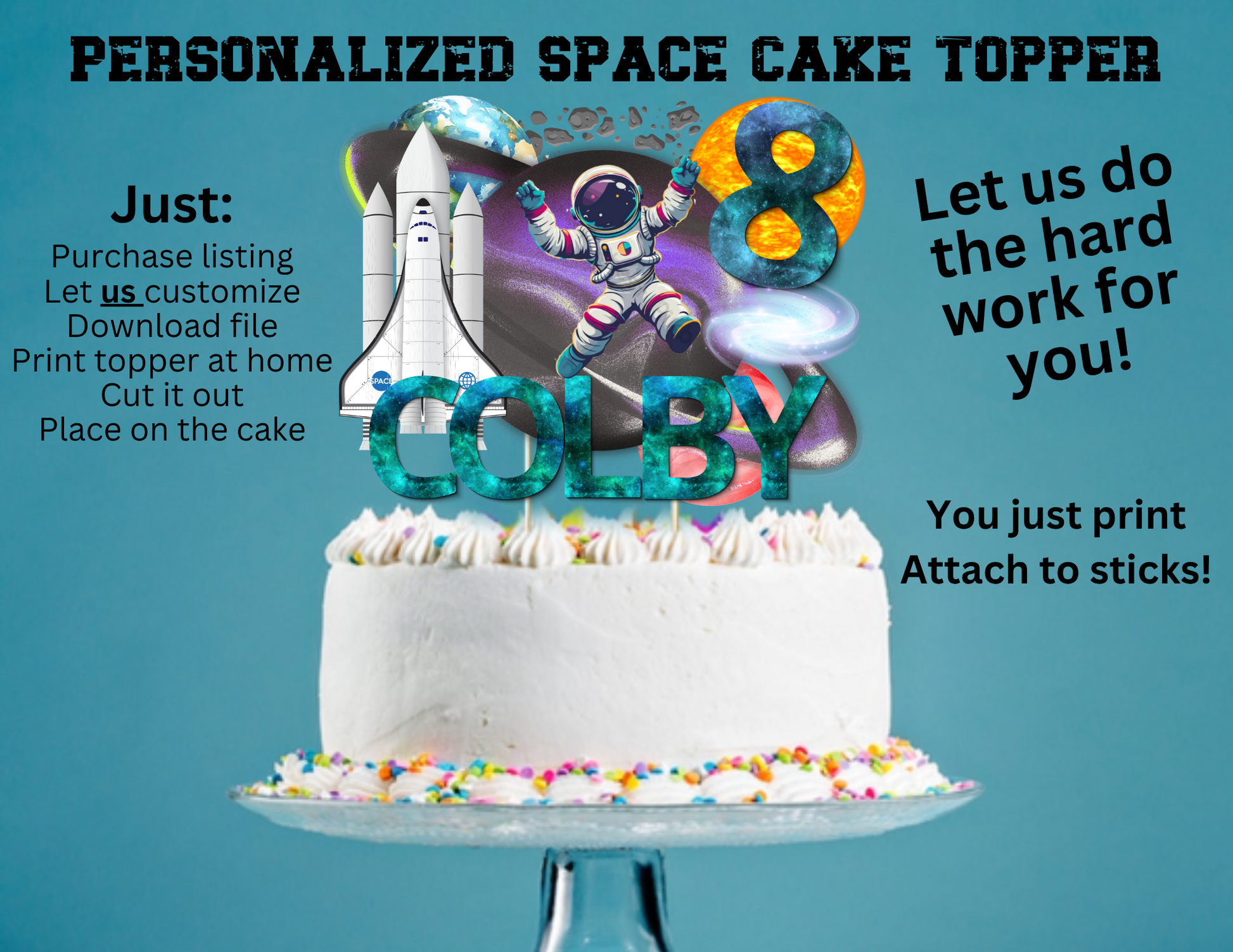 Personalized Space Themed Cake Topper, Custom Outer Space Astronaut Cake Topper, Space Themed Birthday Decor