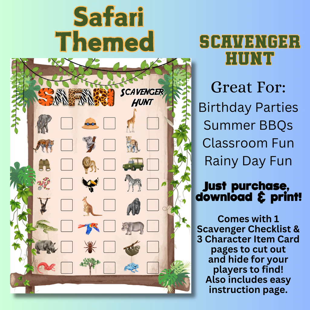 Safari Animal Themed Scavenger Hunt, Zoo Animal Party Game, Safari Party Game, Wild Animal Birthday Game, Instant Download