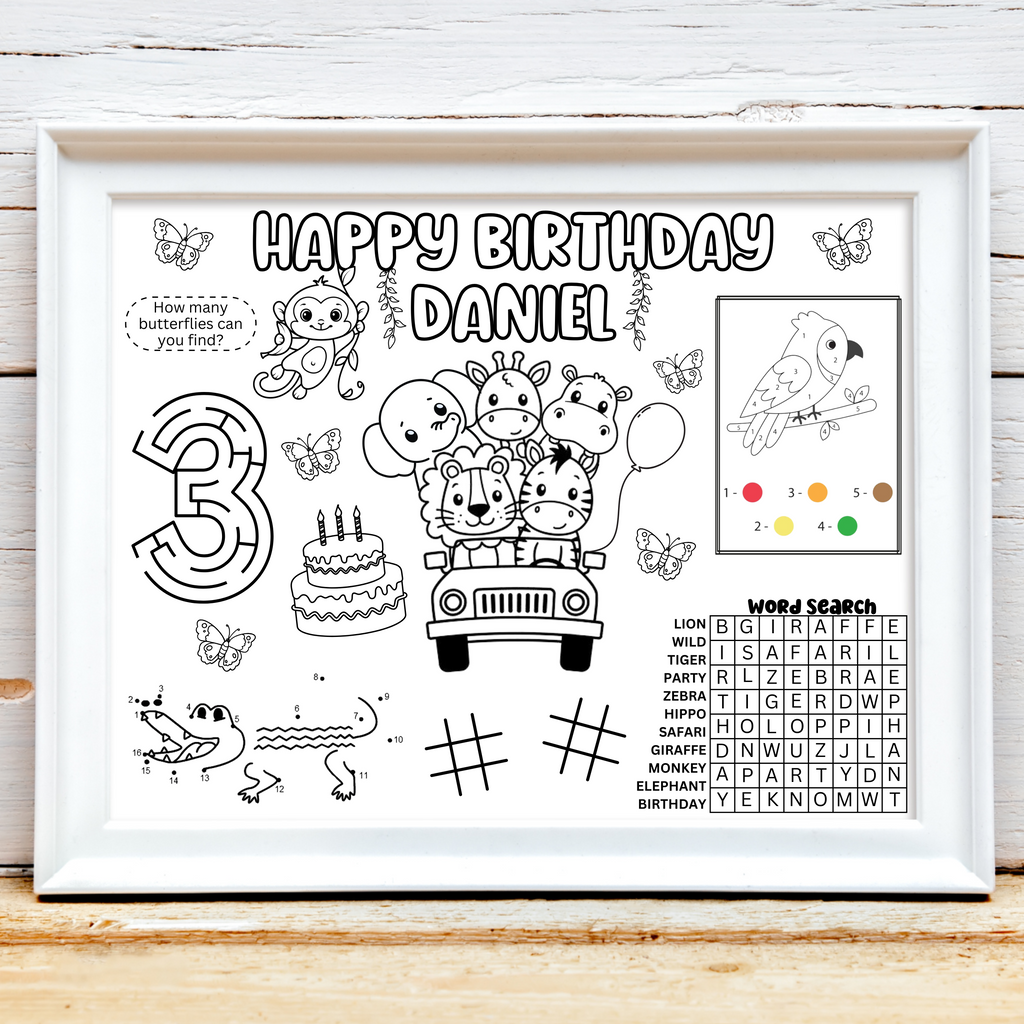 Personalized Safari Zoo Birthday Activity Placemat, Jungle Activity Page