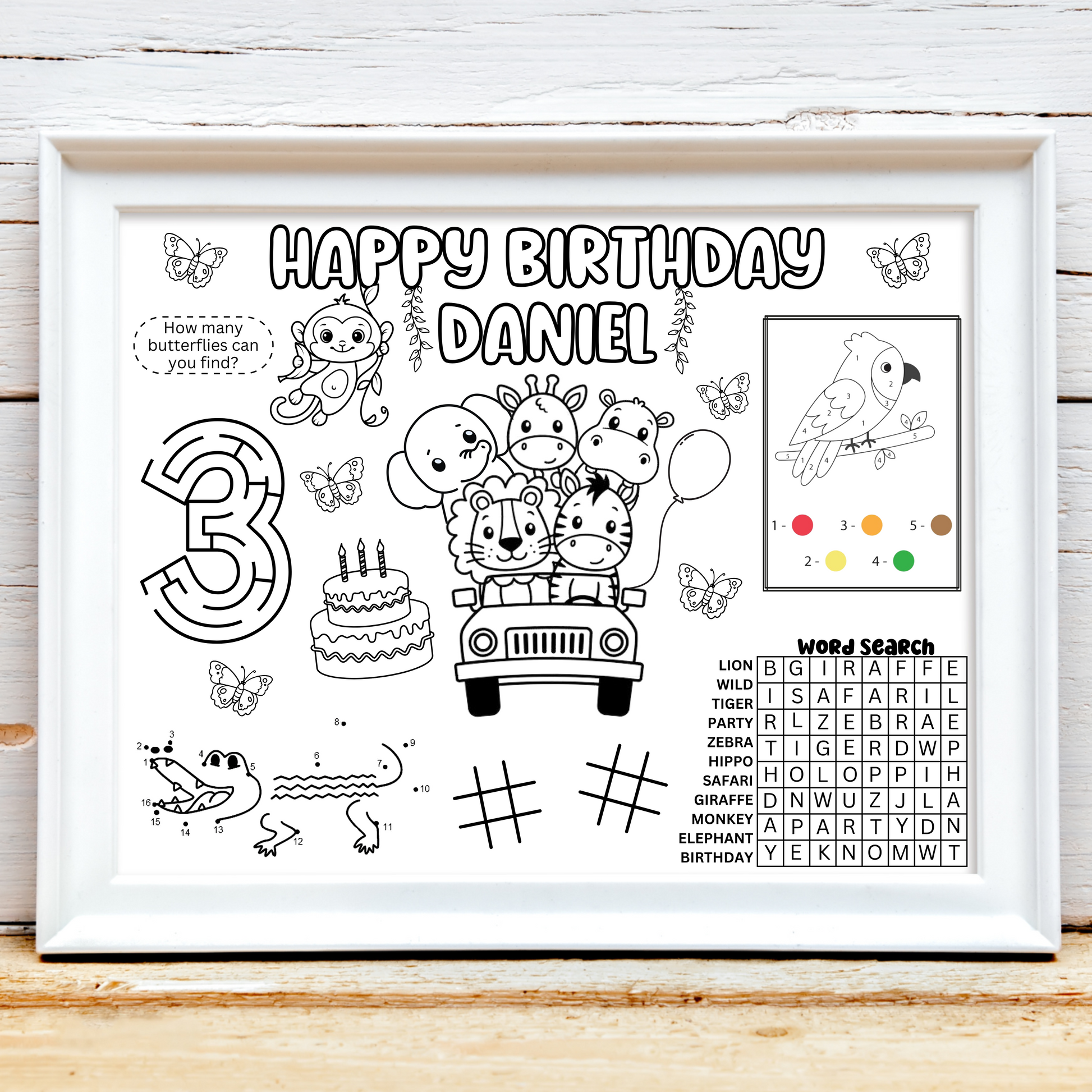 Personalized Safari Zoo Birthday Activity Placemat, Jungle Activity Page