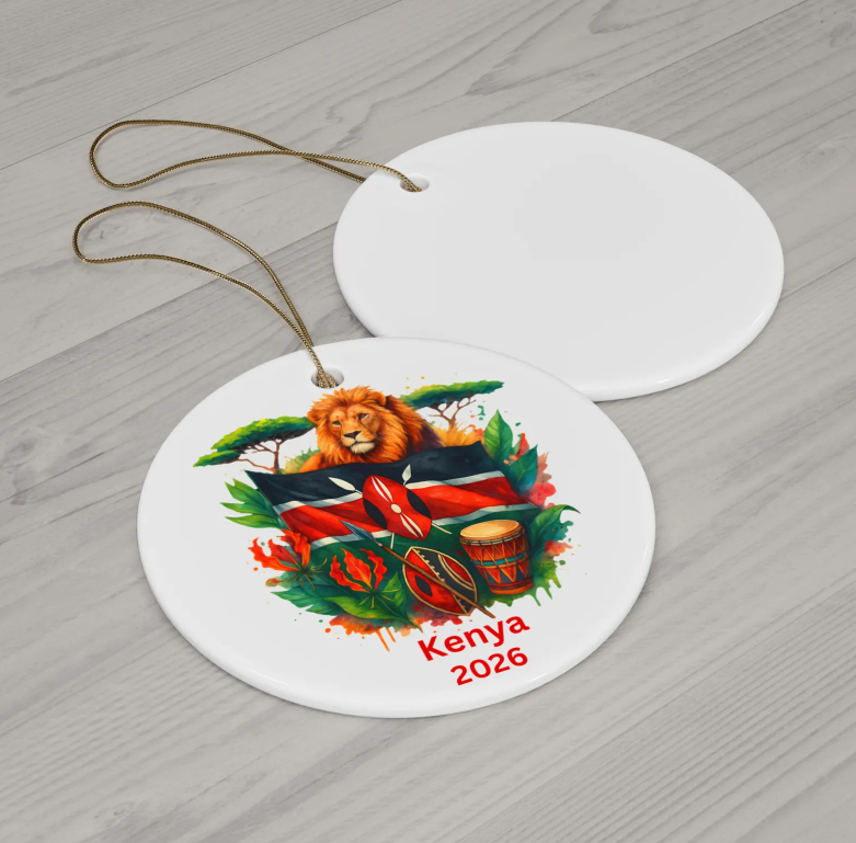 Personalized Kenya Ornament, Kenya Christmas Ornament, African Gift, Kenya Souvenir, Lion Christmas Ornament, Kenyan Flag, African Decor