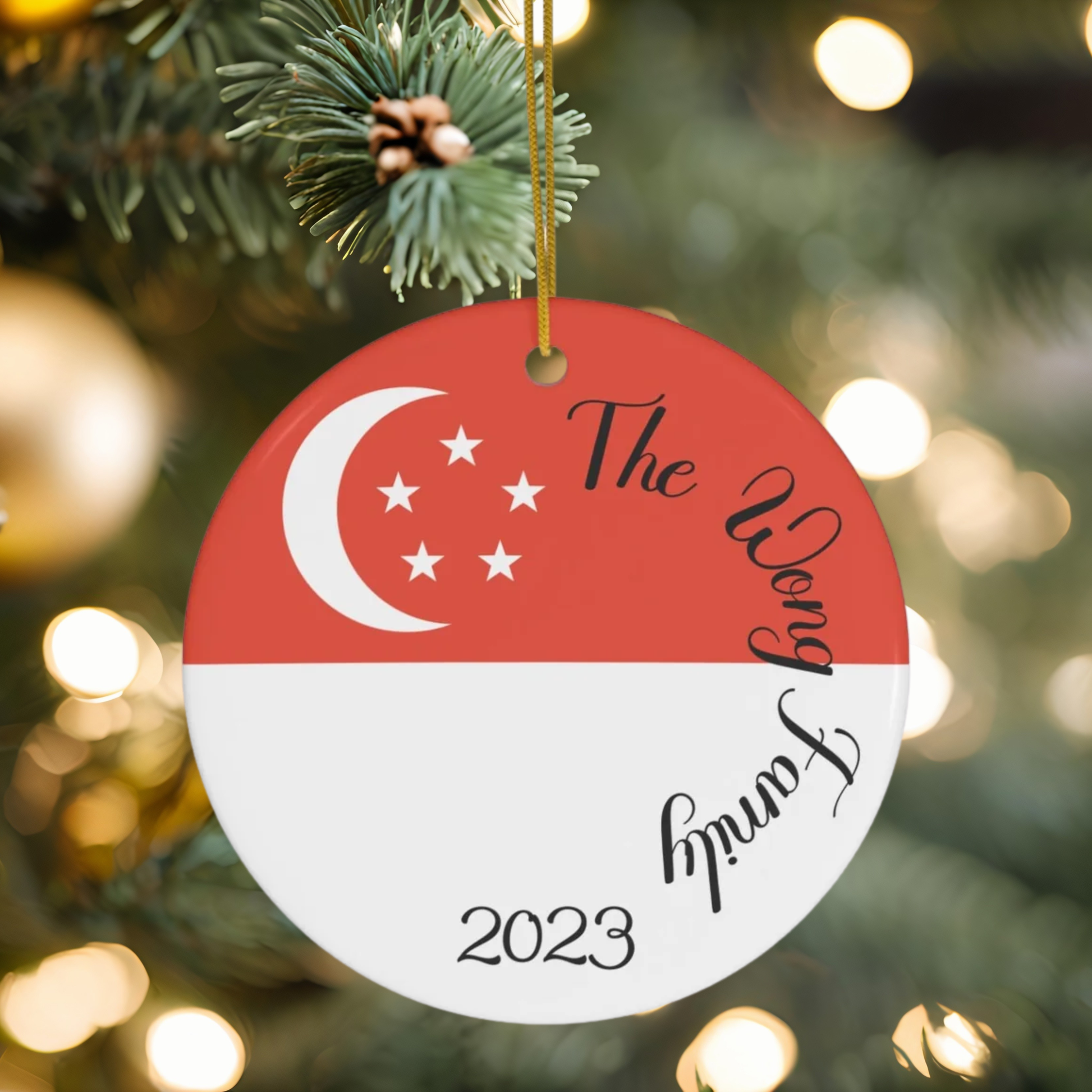 Personalized Singapore Ceramic Christmas Ornament Singaporean Flag Round Gift Holiday Decoration World Heritage Travel Themed Circle Asia
