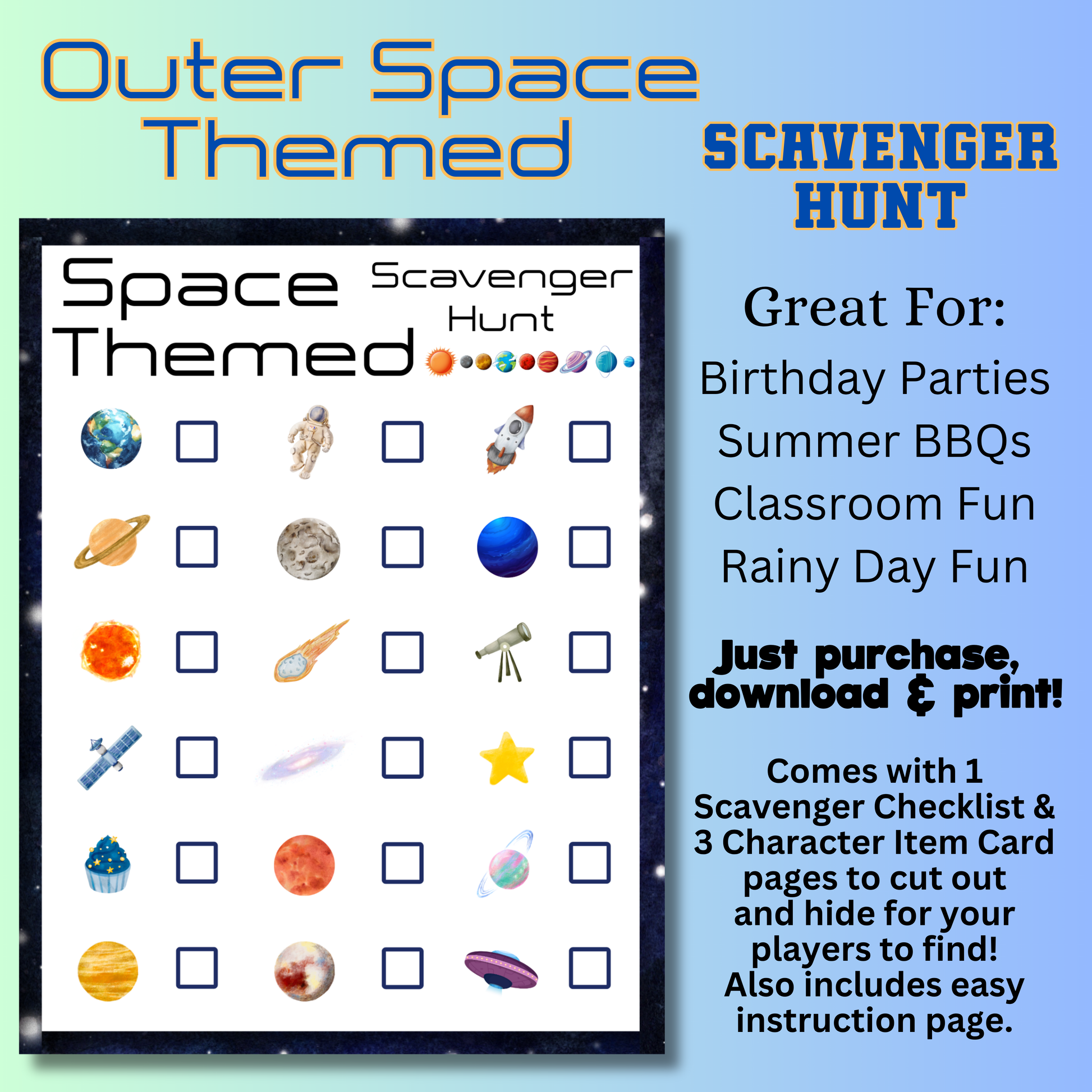 Space Themed Scavenger Hunt, Printable Outer Space Game, Space Birthday Game, Astronaut Scavenger Hunt