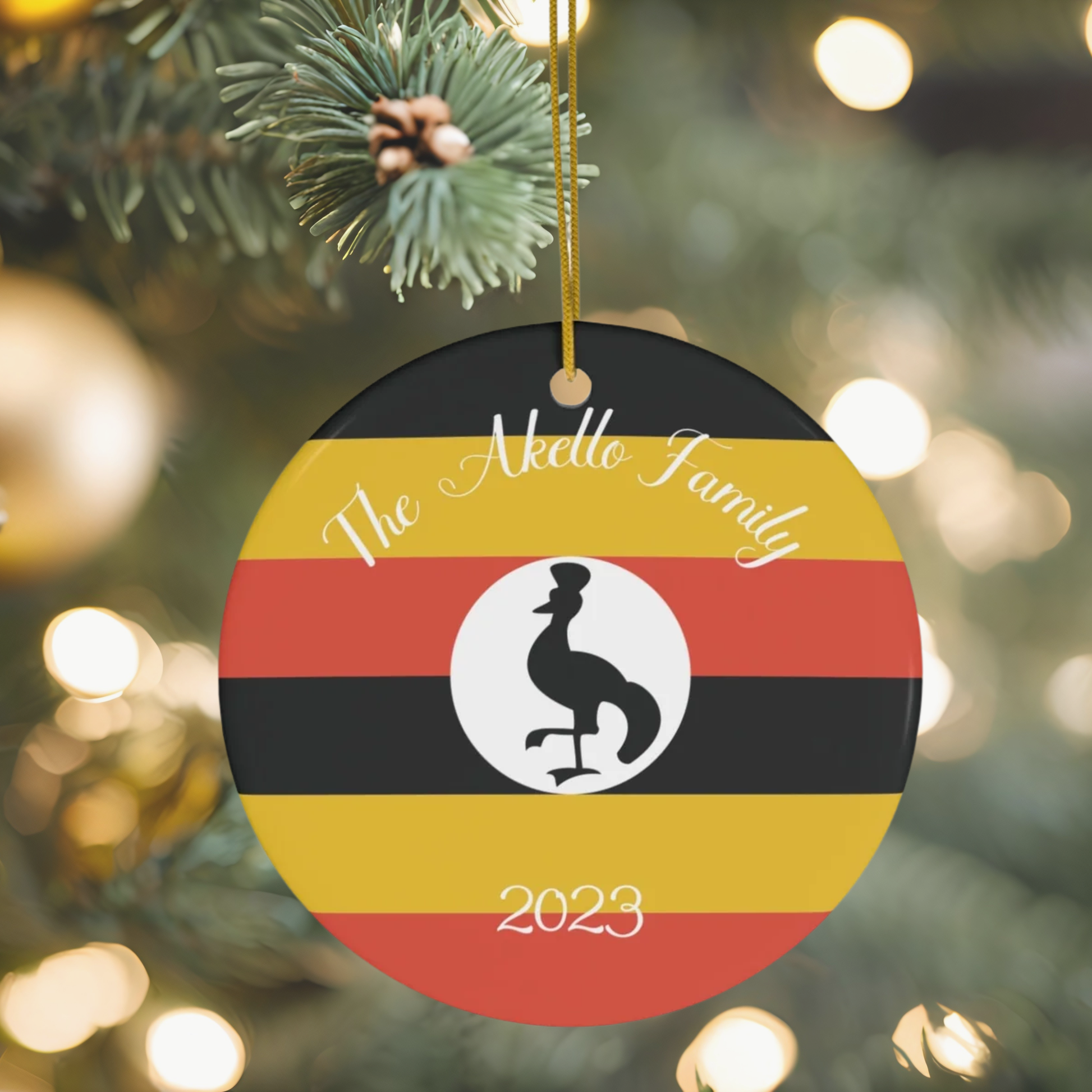 Personalized Uganda Christmas Ornament Ugandan Flag Yellow Red Black Round Ceramic Gift Decoration Holiday World Travel Themed Africa Custom