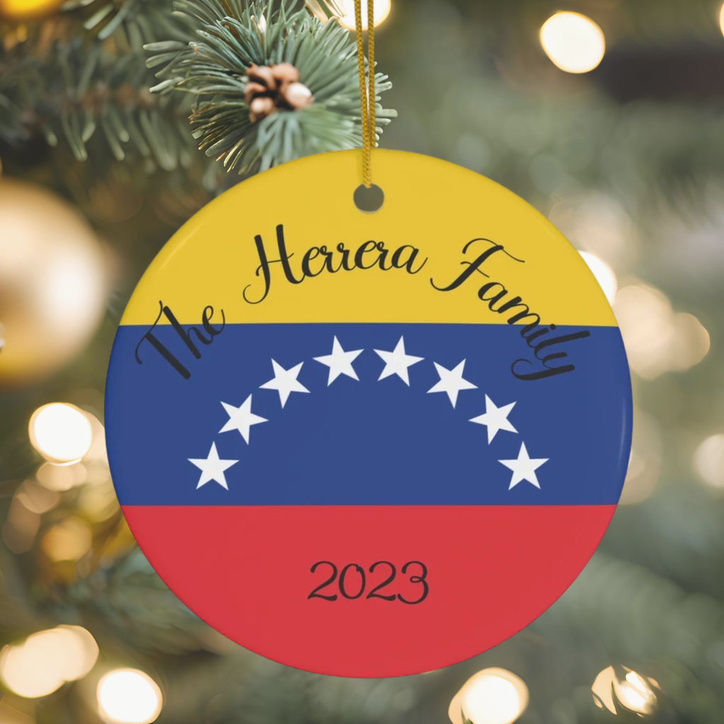 Personalized Venezuela Venezuelan Flag Inspired Yellow Red Blue White Round Ceramic Christmas Ornament Gift Decoration Holiday World Travel