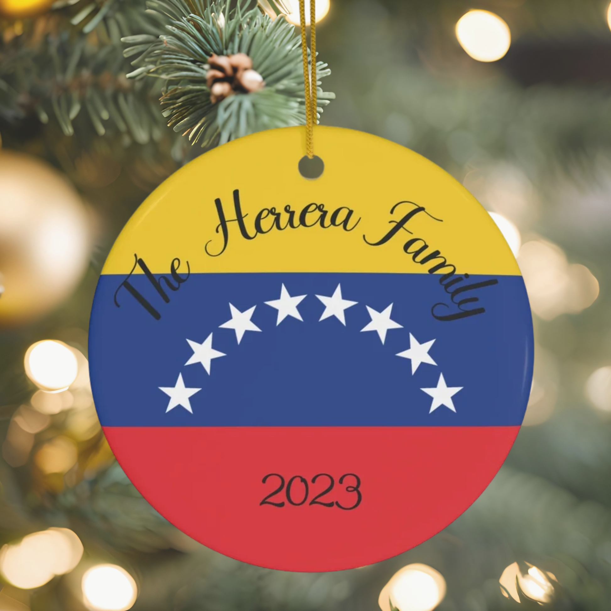 Personalized Venezuela Venezuelan Flag Inspired Yellow Red Blue White Round Ceramic Christmas Ornament Gift Decoration Holiday World Travel