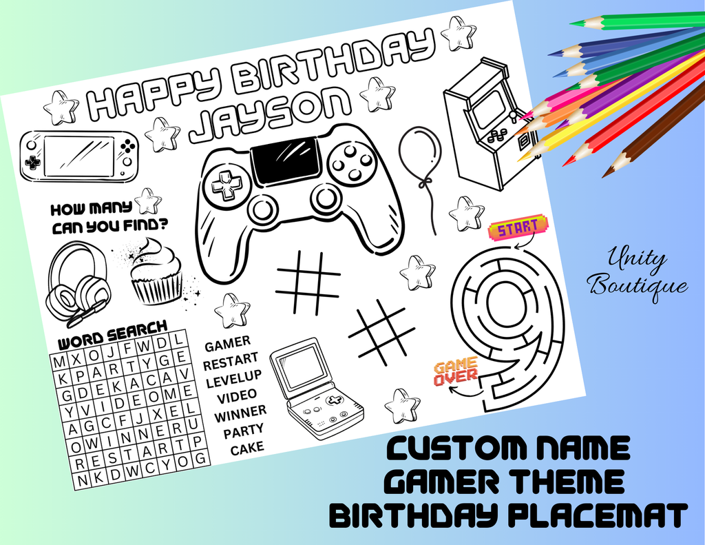 PERSONALIZED Gamer Birthday Activity Placemat, Custom Name/Age Gamer Birthday Coloring Page, Gaming Party Favor