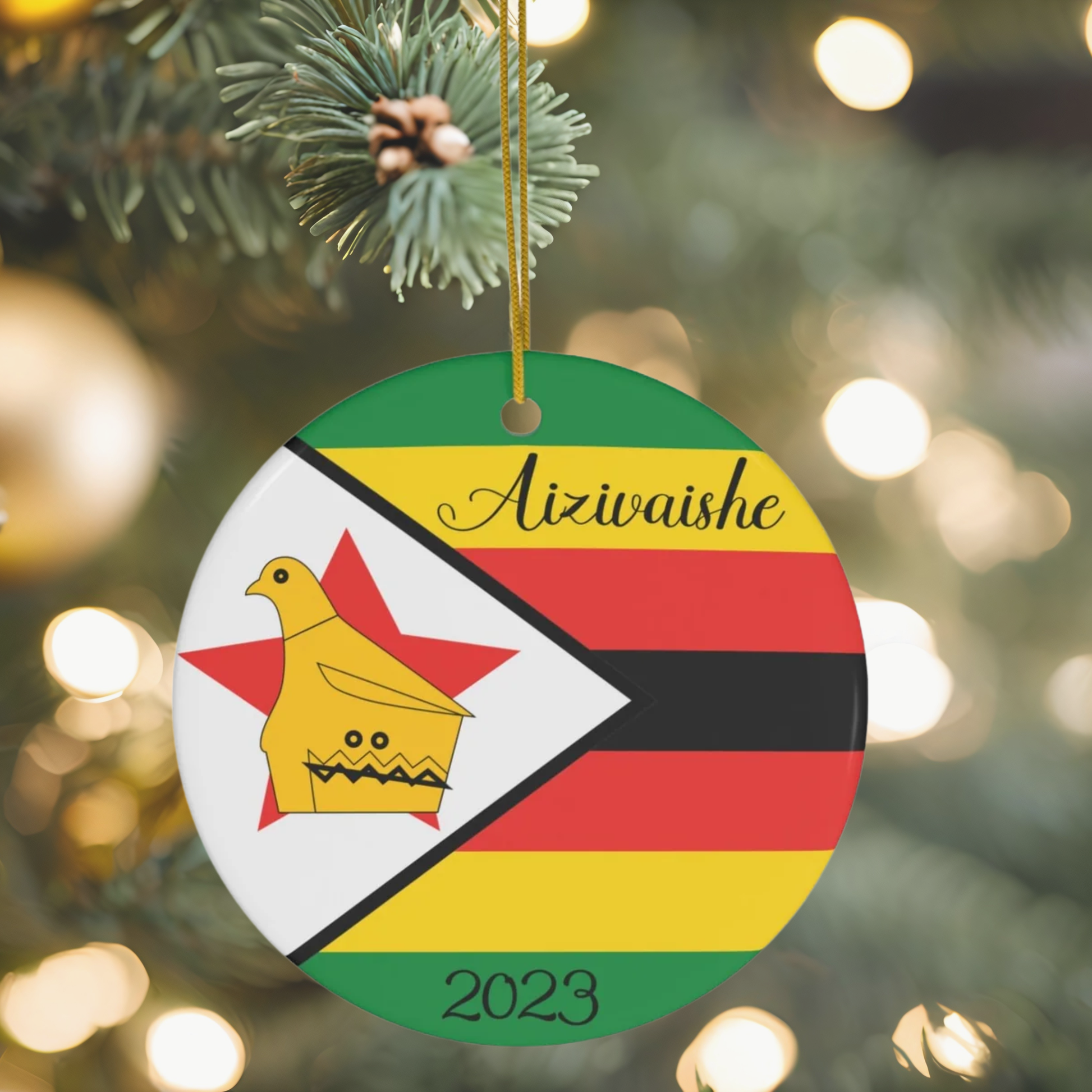 Personalized Zimbabwe Ceramic Christmas Ornament Zimbabwean Flag Round Porcelain Gift Custom Holiday Decoration World Heritage Travel Themed