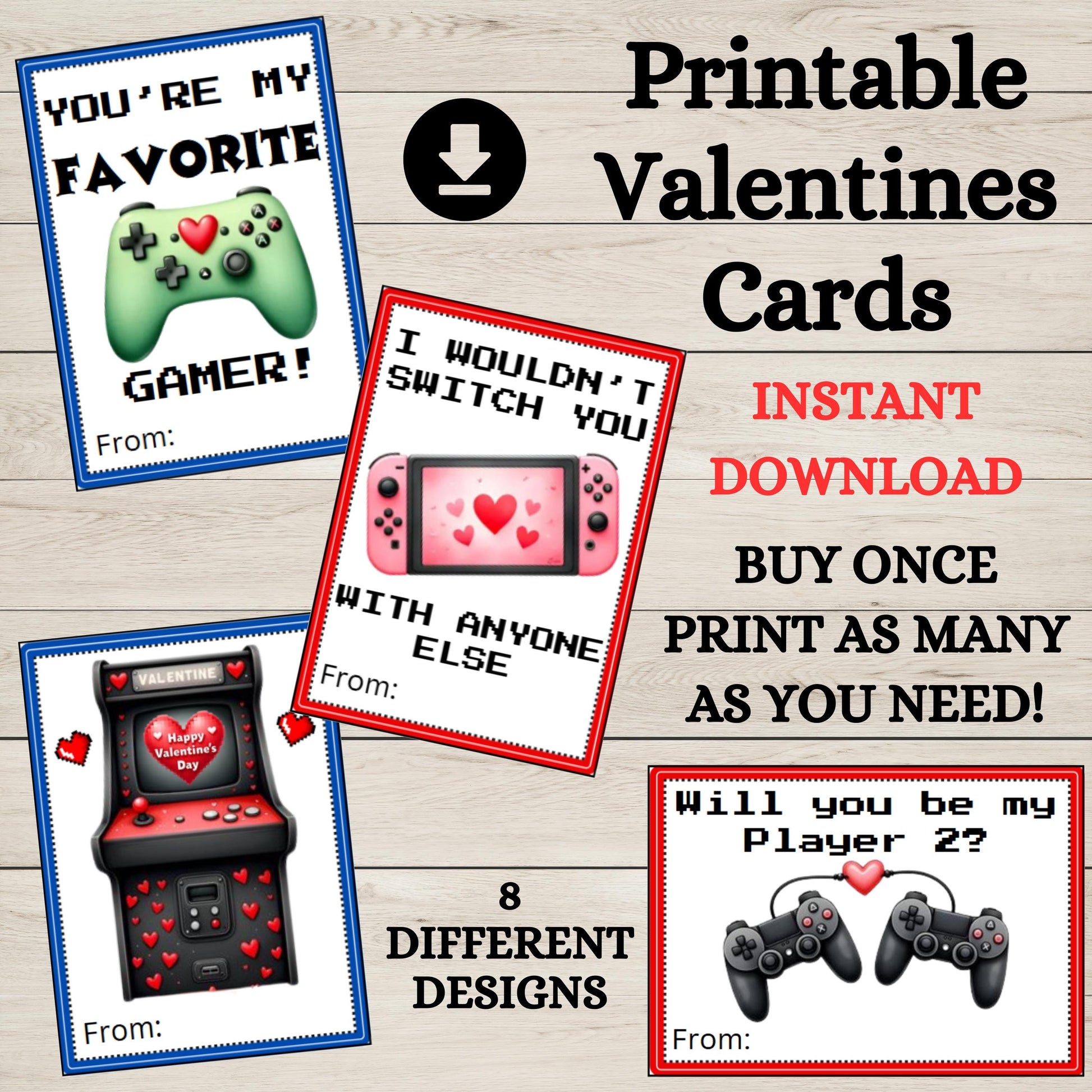 Video Game Valentines, INSTANT DOWNLOAD, Gamer Valentine, Boy Valentines Cards For School Classroom, Printable Retro Gaming Kids Valentines