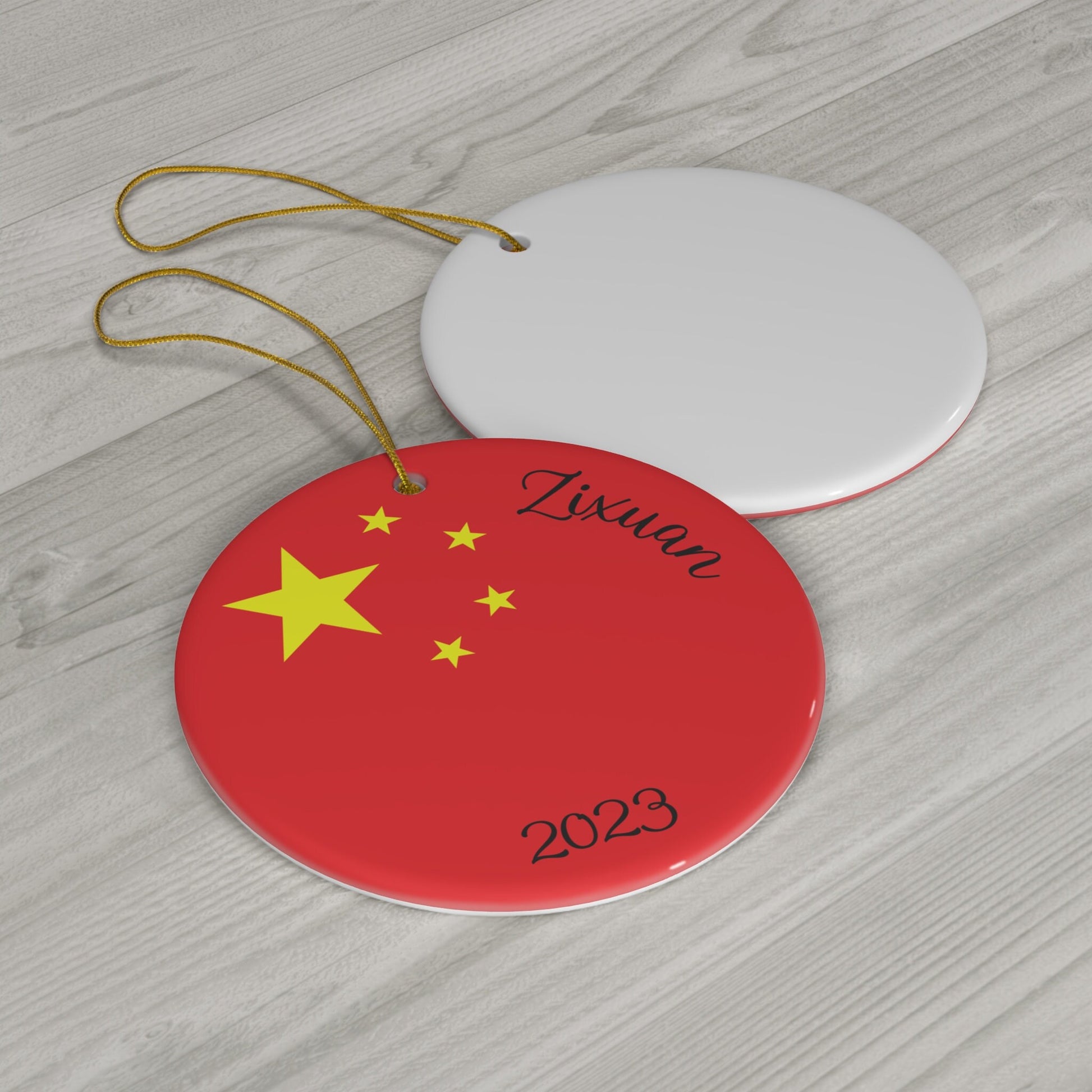 Personalized China Ceramic Christmas Ornament Chinese Flag Gift Holiday Decoration Asia World Heritage Travel Themed Red Round Chinese Decor
