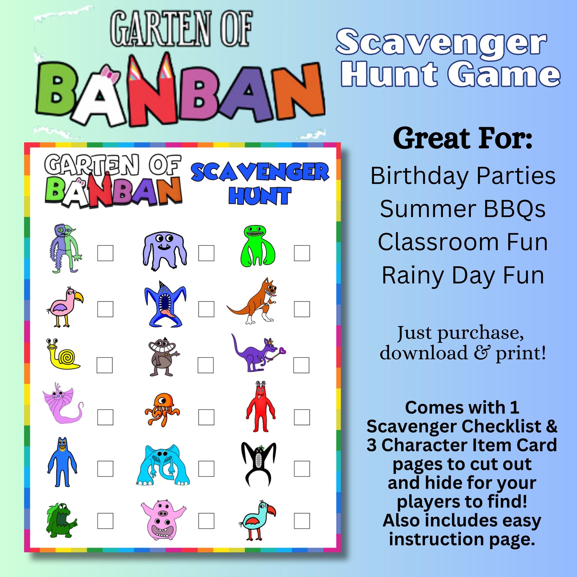 Garten of Banban Inspired Scavenger Hunt, Printable Garten of Banban Birthday Game, Garten of Banban Party Supplies and Decor