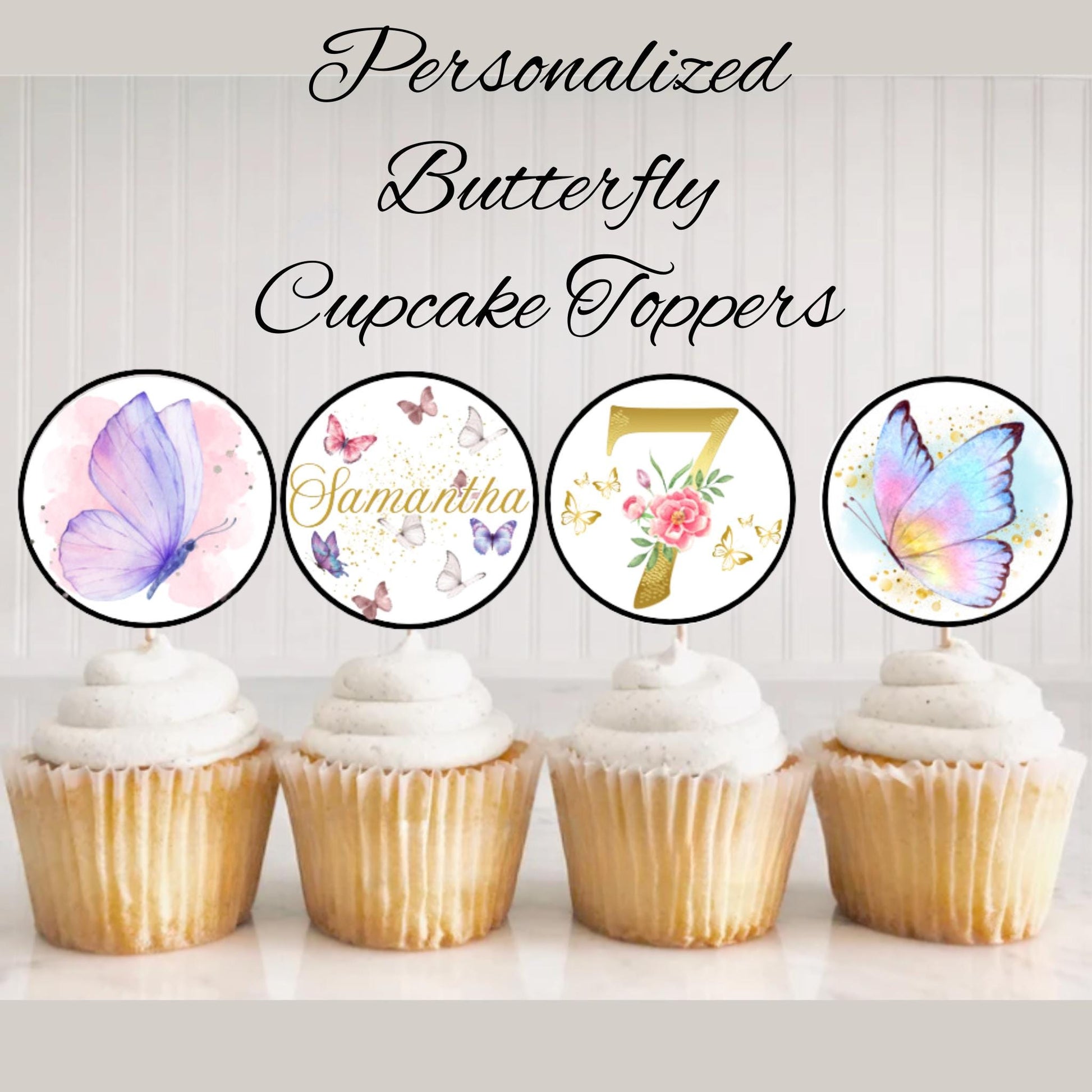 Personalized Butterfly Themed Birthday Cupcake Toppers, Butterfly Baby Shower Cupcake Toppers