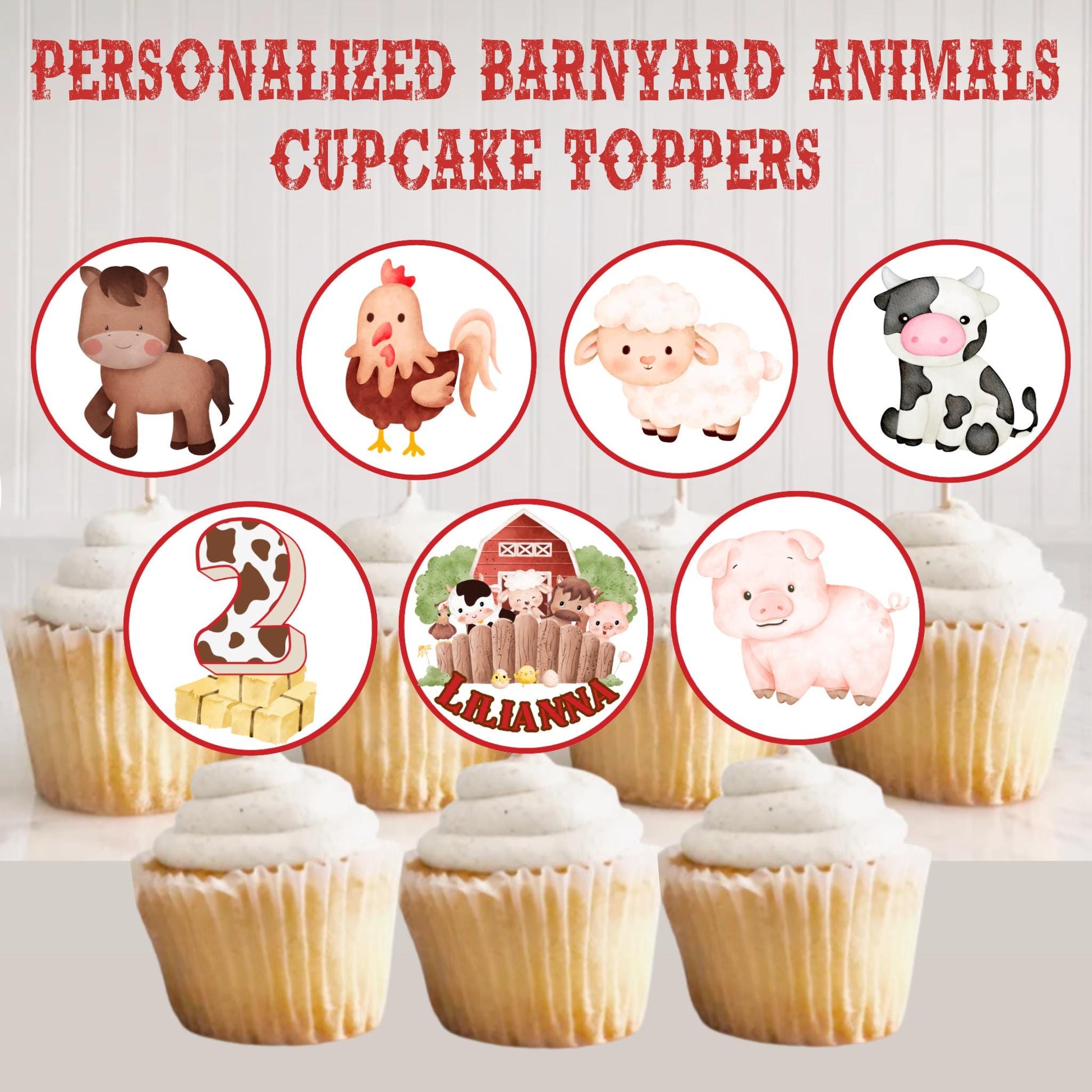 Personalized Farm Animal Cupcake Toppers, Custom Barn Animal Cupcake Toppers, Barnyard Party Decoration