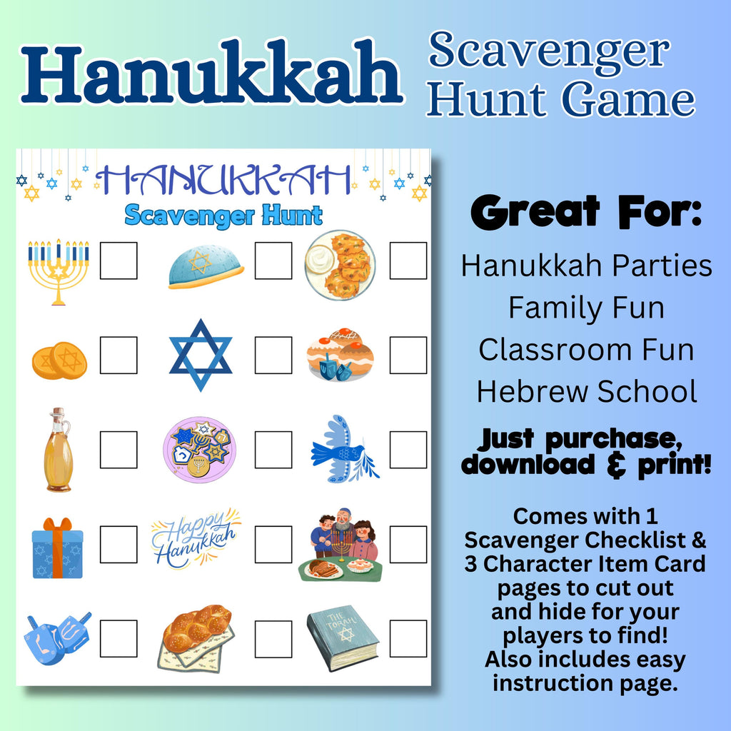 Chanukkah Scavenger Hunt, Hanukkah Games, Jewish Holiday Party Game, Kids Hanukkah Scavenger Hunt Game