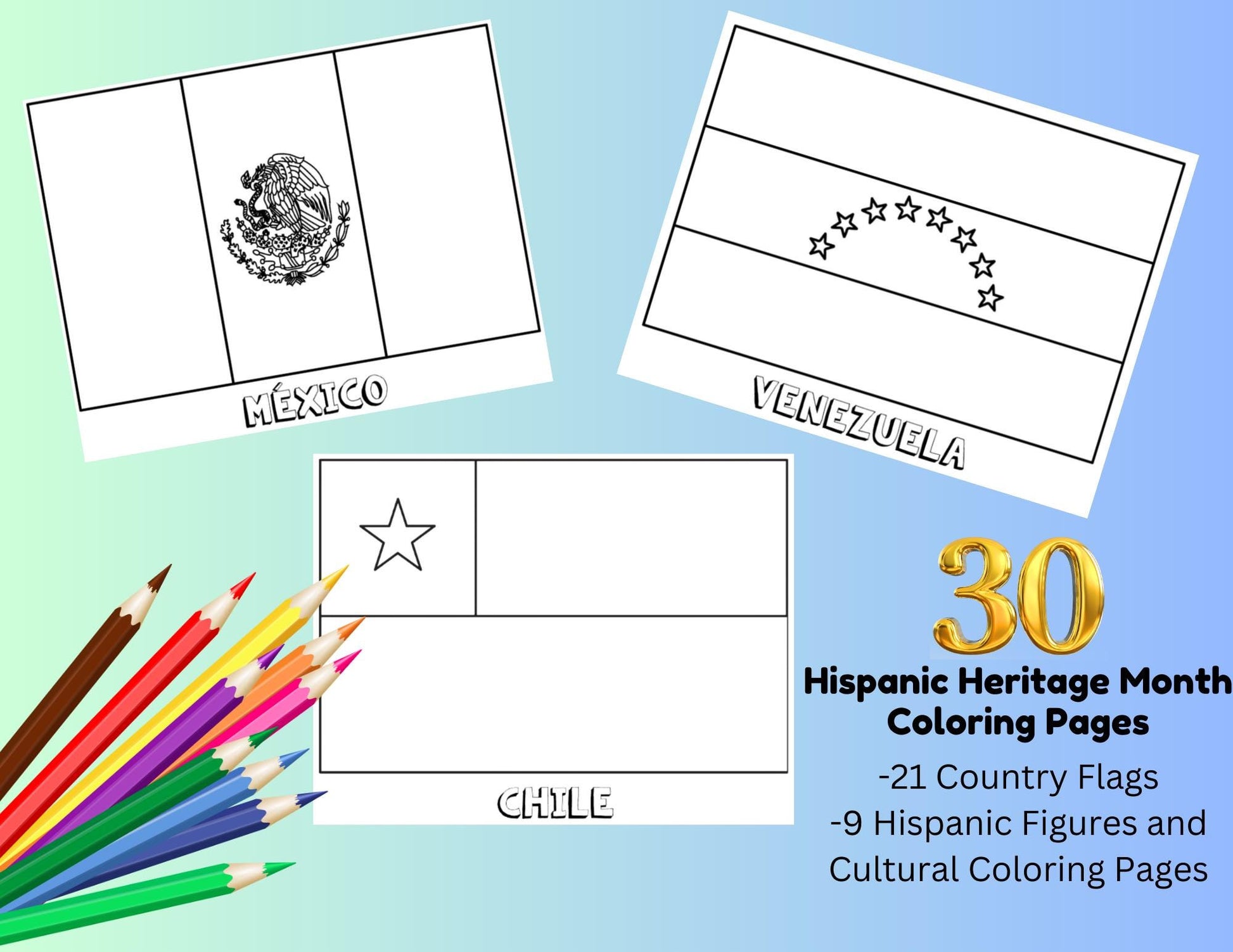 Hispanic Heritage Month Coloring Pages, Spanish Speaking Countries, Latino Leaders Classroom Decor, Latino Heritage Month Flags Coloring