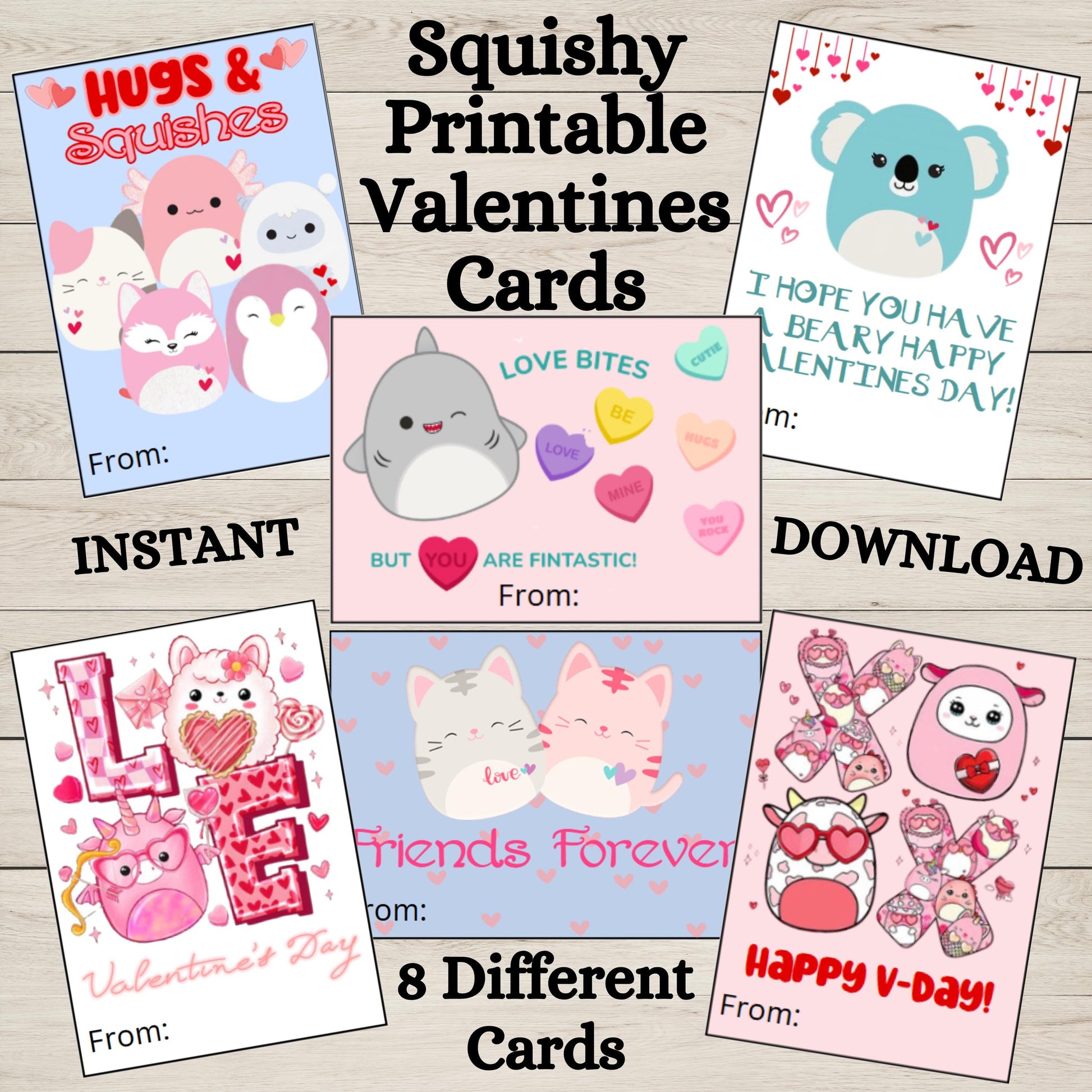 Squishmallow Valentine's Day Cards, 8 Printable Classroom Squishmallow Valentine Cards