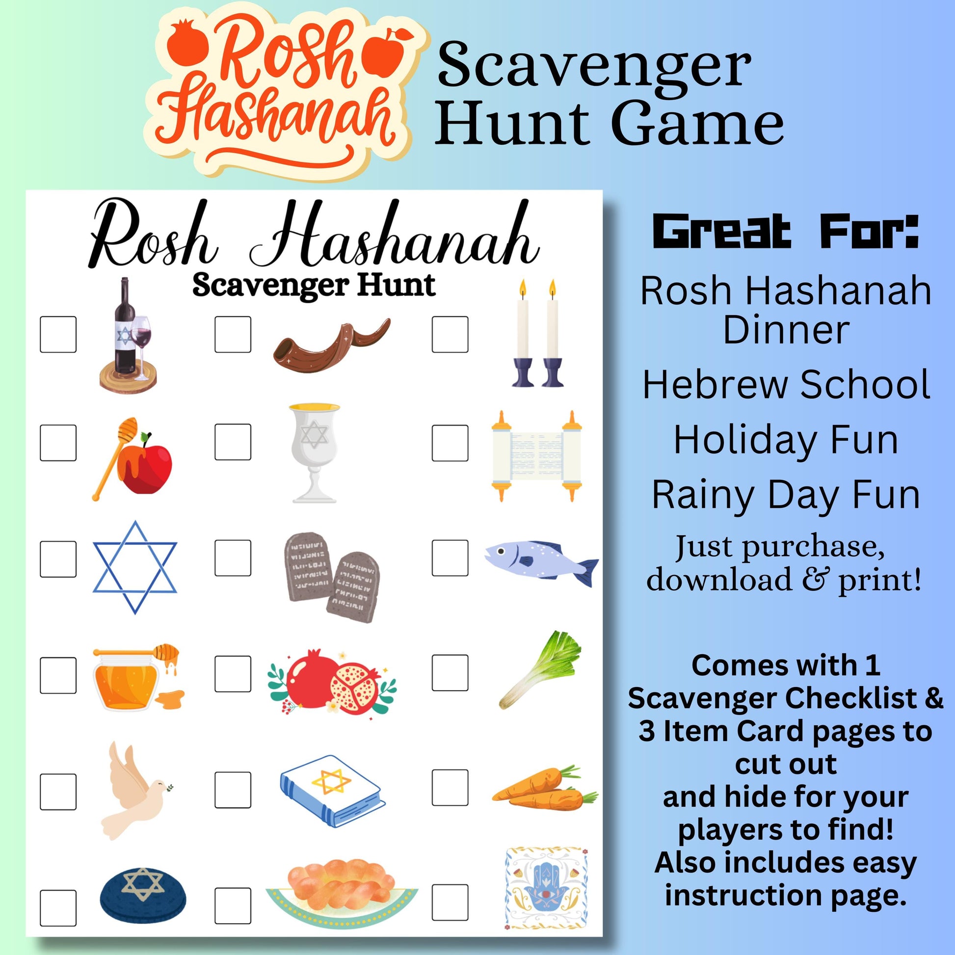 Rosh Hashanah Scavenger Hunt, Rosh Hashanah Game, Printable Scavenger Hunt, Jewish Holiday Game, Jewish Scavenger Hunt, Kids Rosh Hashanah