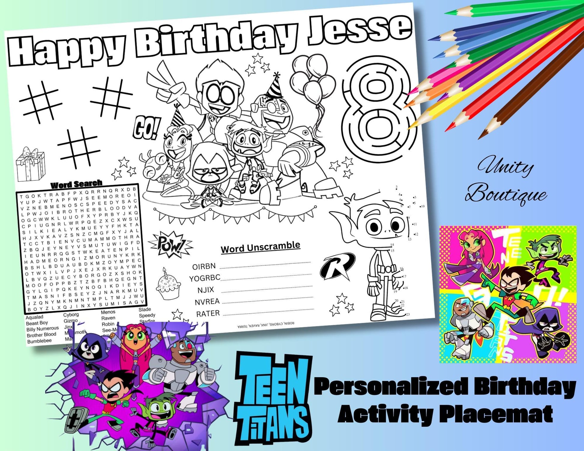 Personalized Titan Teen Birthday Activity Placemat, Custom Titan Teen Party Favors