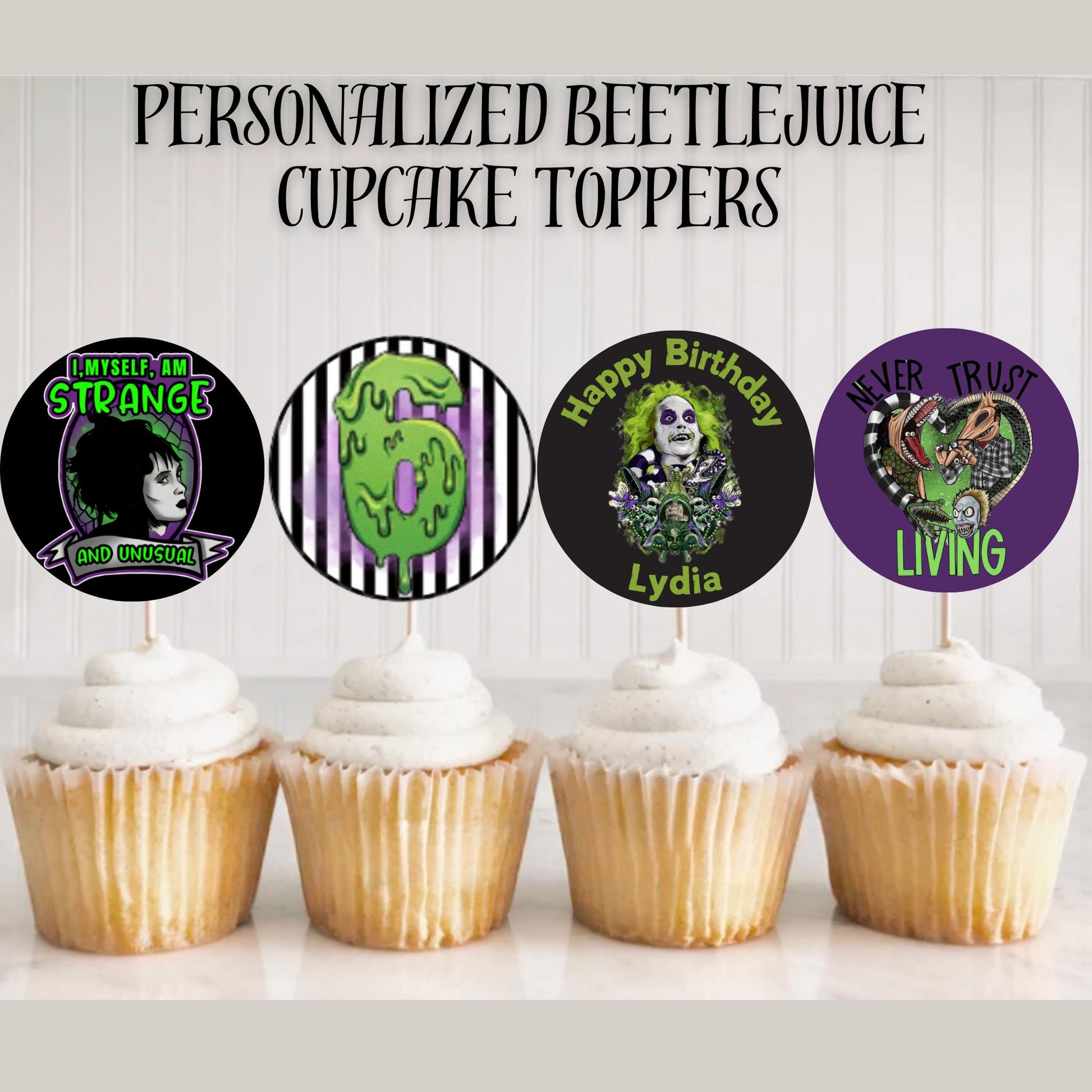 Personalized Beetlejuice Cupcake Toppers, Custom Beetlejuice Birthday Party Decoration