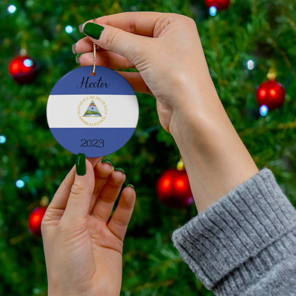Personalized Nicaragua Ornament Nicaraguan Flag Inspired Blue, White Round Porcelain Ceramic Christmas Ornament Gift Decoration Holiday Gift