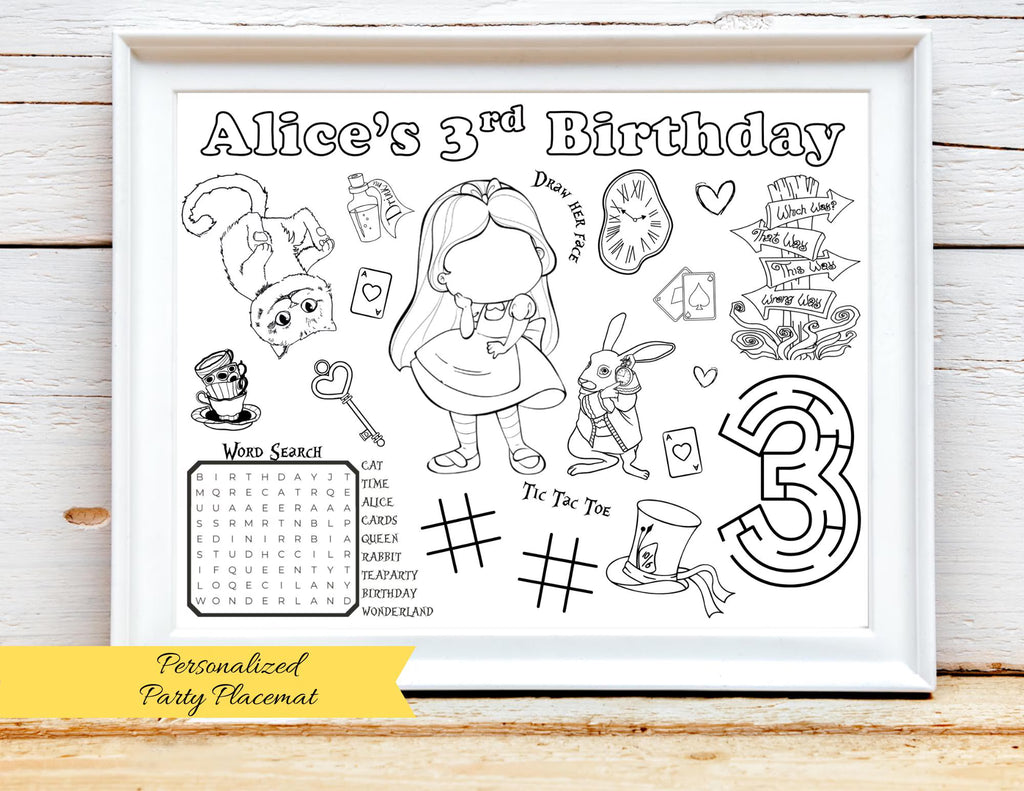 PERSONALIZED Alice in Wonderland Birthday Activity Sheet, Alice in Onederland, Book Birthday Party Placemat, Alice Wonderland Party Favors
