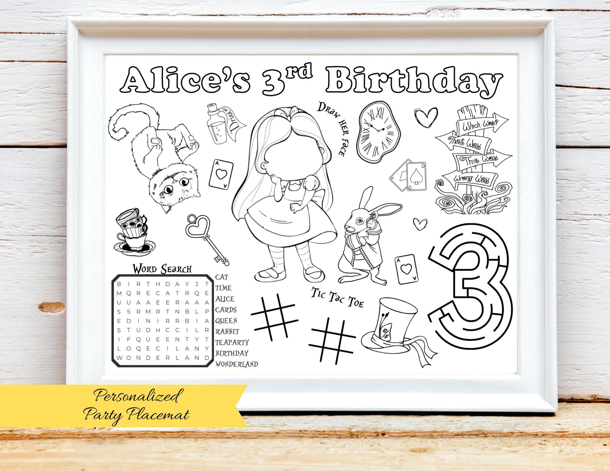 PERSONALIZED Alice in Wonderland Birthday Activity Sheet, Alice in Onederland, Book Birthday Party Placemat, Alice Wonderland Party Favors