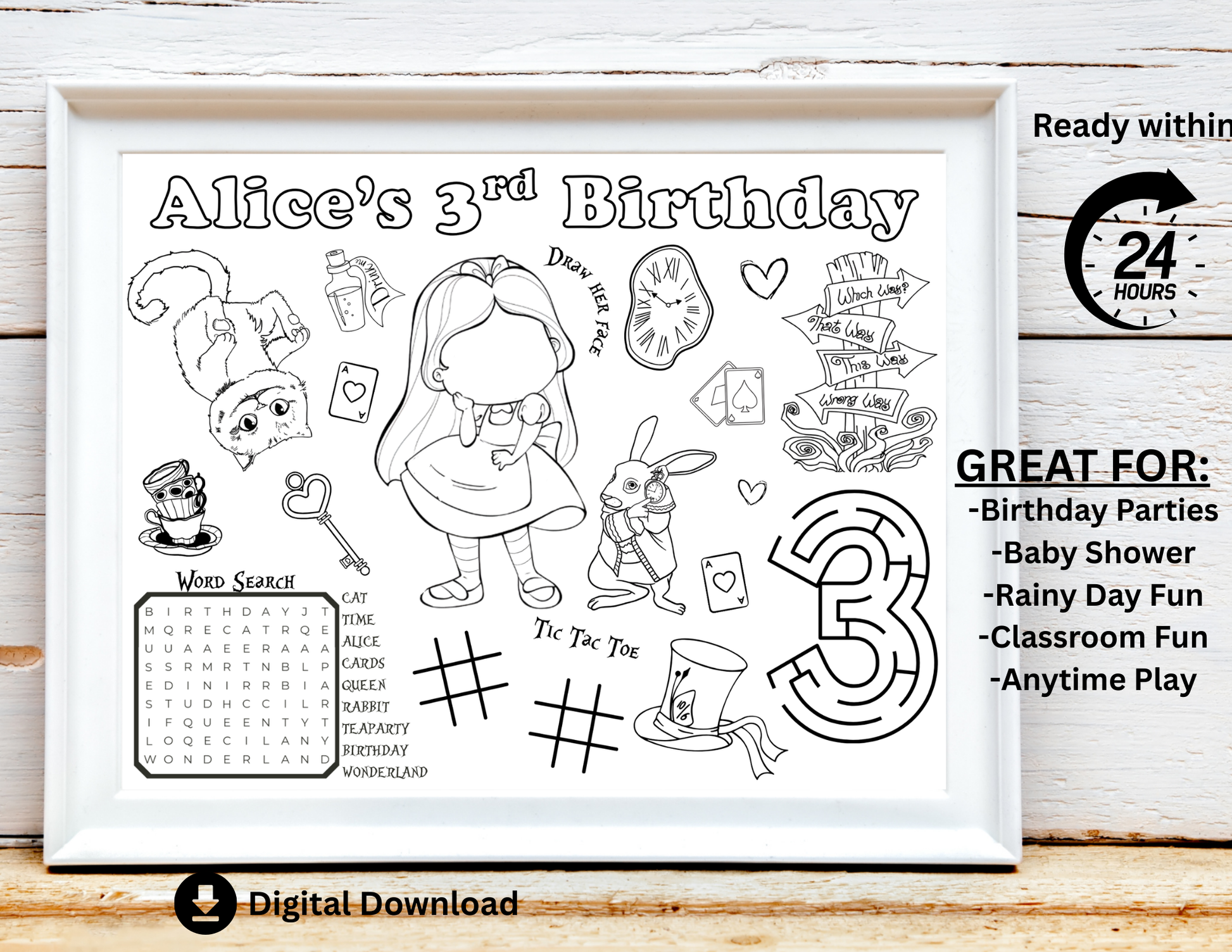 PERSONALIZED Alice in Wonderland Birthday Activity Sheet, Alice in Onederland, Book Birthday Party Placemat, Alice Wonderland Party Favors