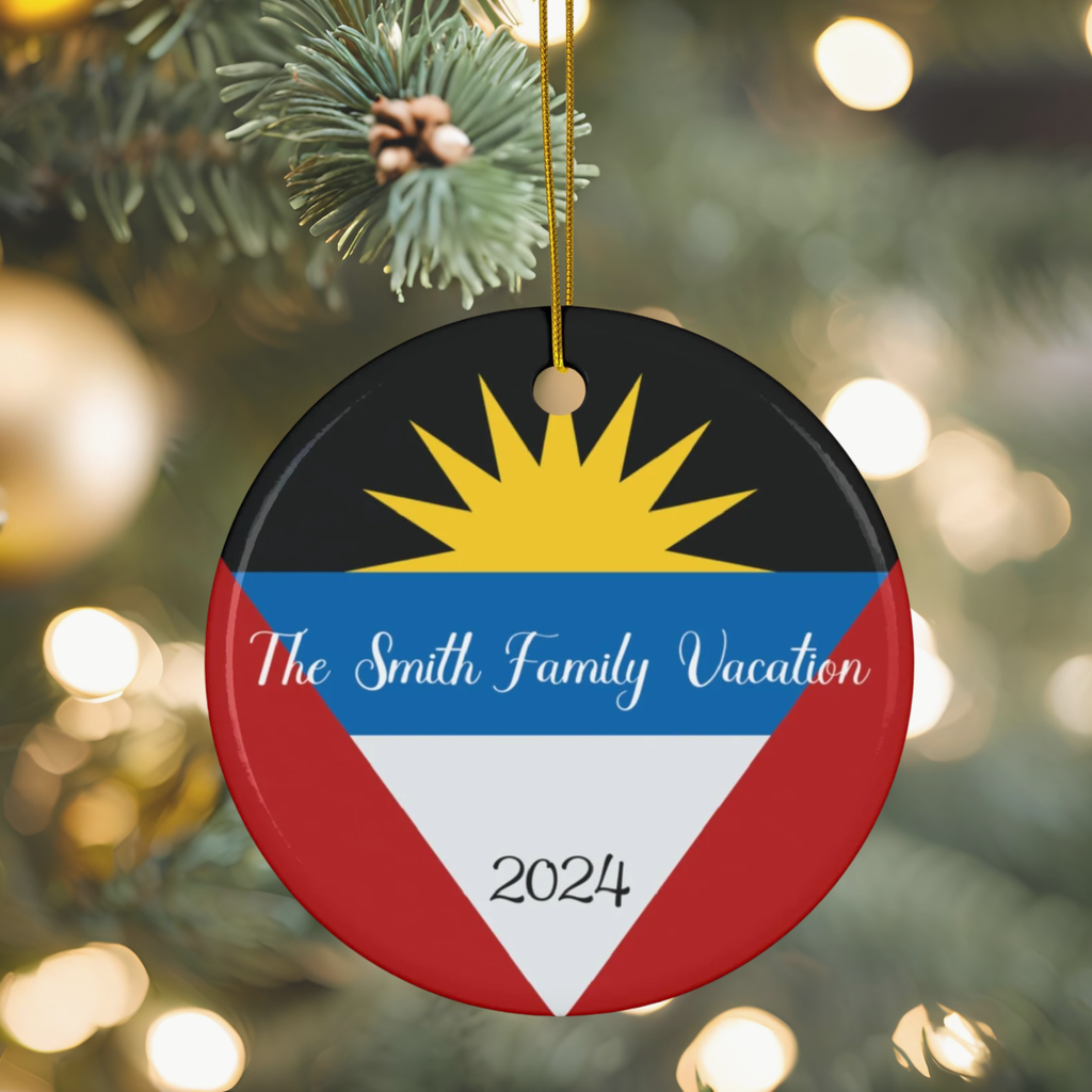 Personalized Antigua & Barbuda Ceramic Ornament, Holiday Decorations, Antigua and Barbuda Flag, Caribbean, World Travel, Vacation Souvenir