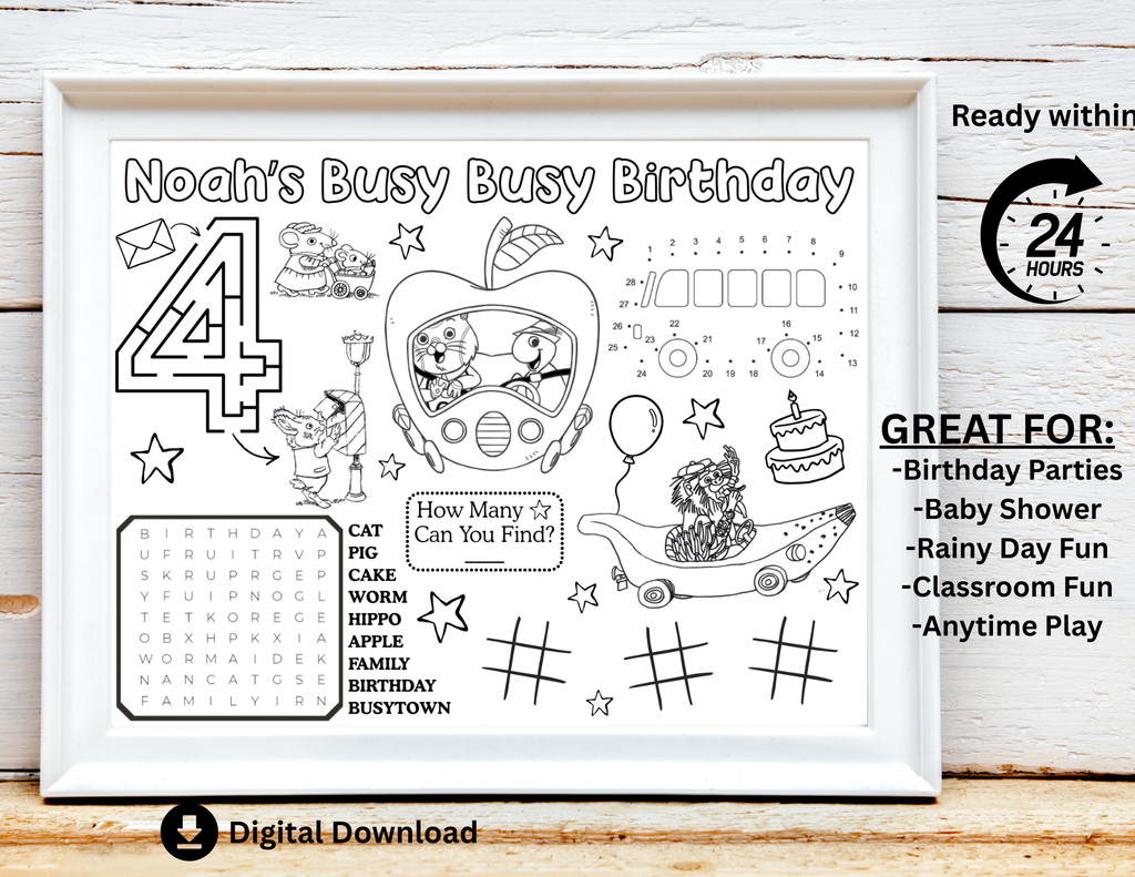 PERSONALIZED Busy Town Birthday Activity Placemat, Animal Town Party Coloring Page, Bus Birthday Party Favor, Storybook Birthday Color Page