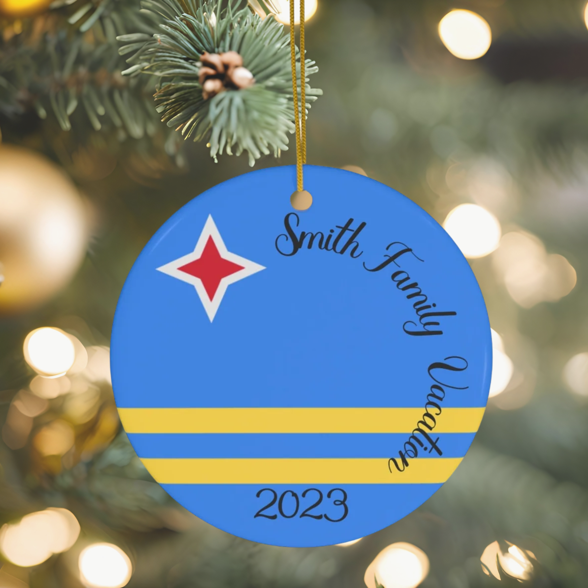 Personalized Aruba Ceramic Ornament Christmas Decor, Holiday Decoration, Aruban Flag, World Travel, Caribbean Island, Blue, Yellow, Souvenir