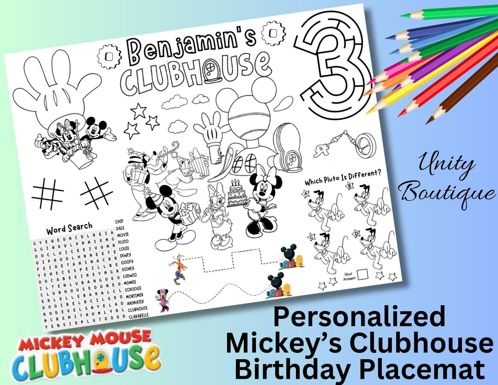Personalized Mickey Mouse Clubhouse Birthday Activity Placemat, Oh Toodles Mickey Mouse Party Favors