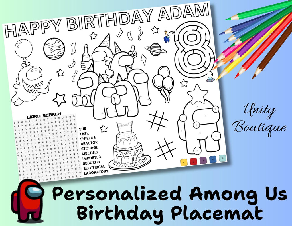 Personalized Among Us Character Birthday Activity Placemat, Among Us Imposter Party Favor