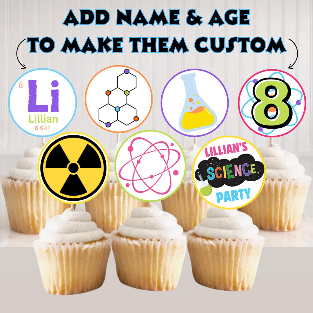 Personalized Science Party Cupcake Toppers, Science Lab Party Supplies, Mad Scientist Birthday Cupcake Toppers
