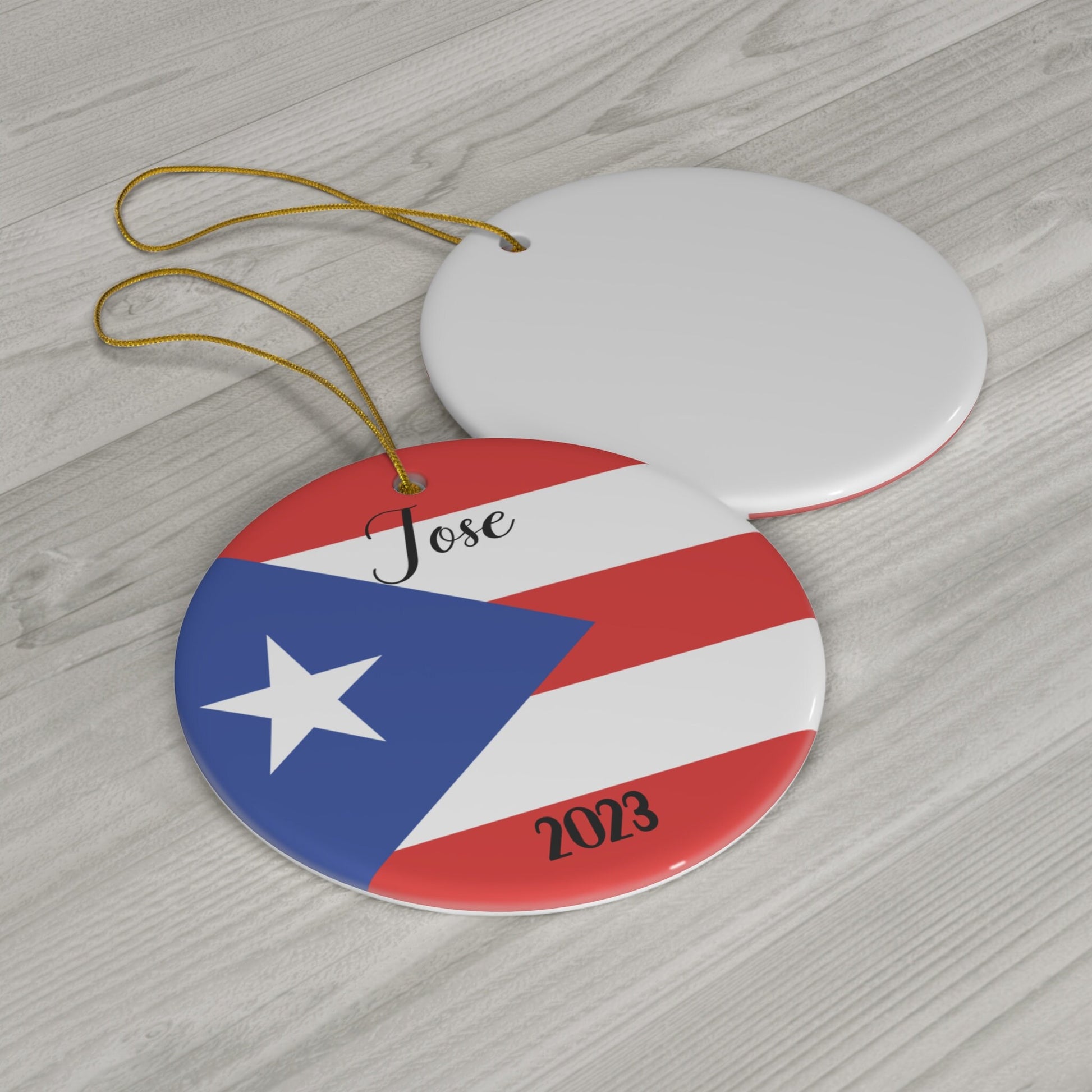 Personalized Puerto Rico Rican Flag Inspired Red Blue White Round Porcelain Ceramic Christmas Ornament Gift Decoration Latina Trip Souvenir