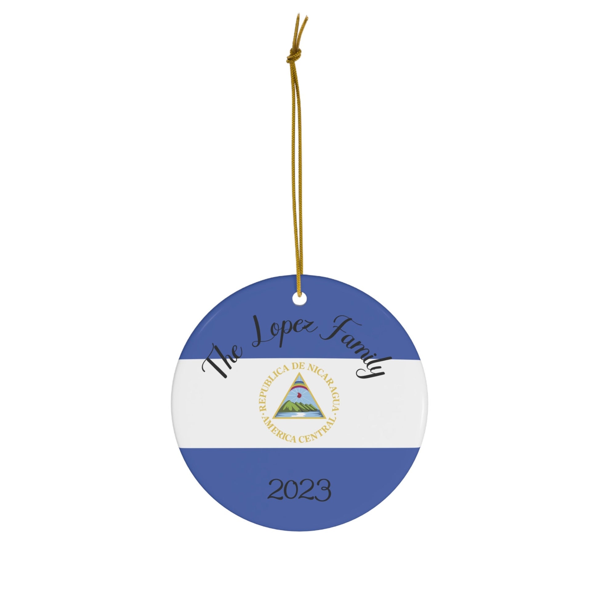 Personalized Nicaragua Ornament Nicaraguan Flag Inspired Blue, White Round Porcelain Ceramic Christmas Ornament Gift Decoration Holiday Gift