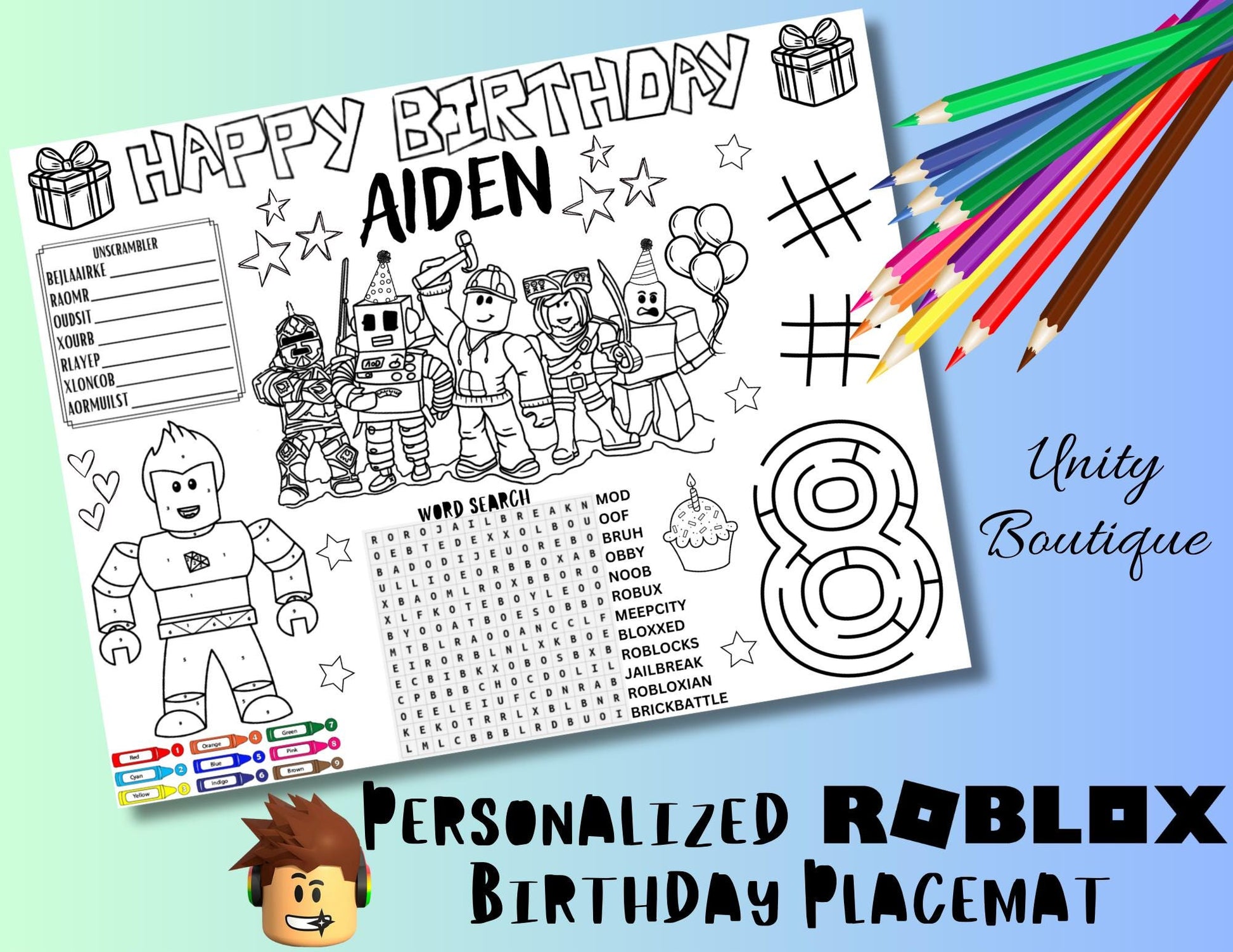 Personalized Roblox Birthday Activity Placemat, Roblox Gamer Coloring Page