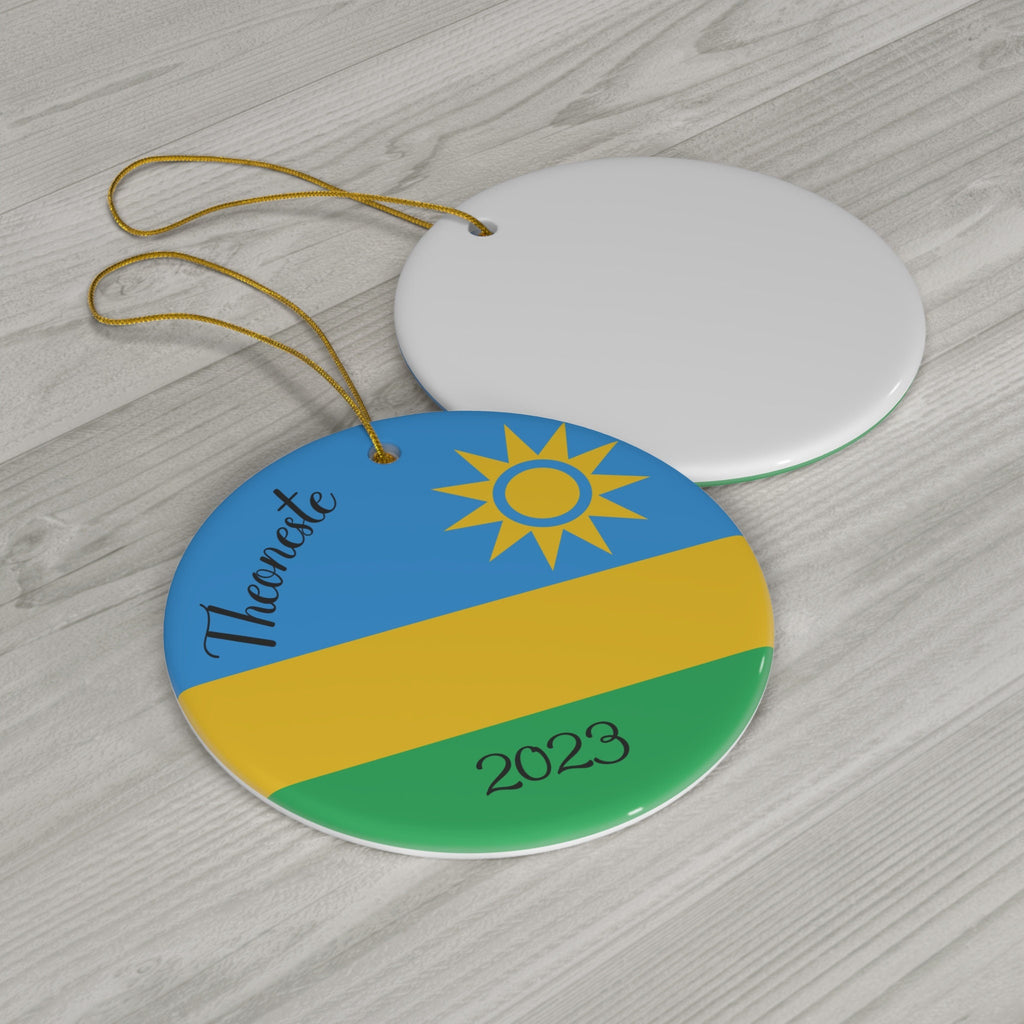 Personalized Rwanda Christmas Ornament Rwandan Flag Kigali Africa Blue Green Yellow World Travel Gift  Round Ceramic African Christmas Decor
