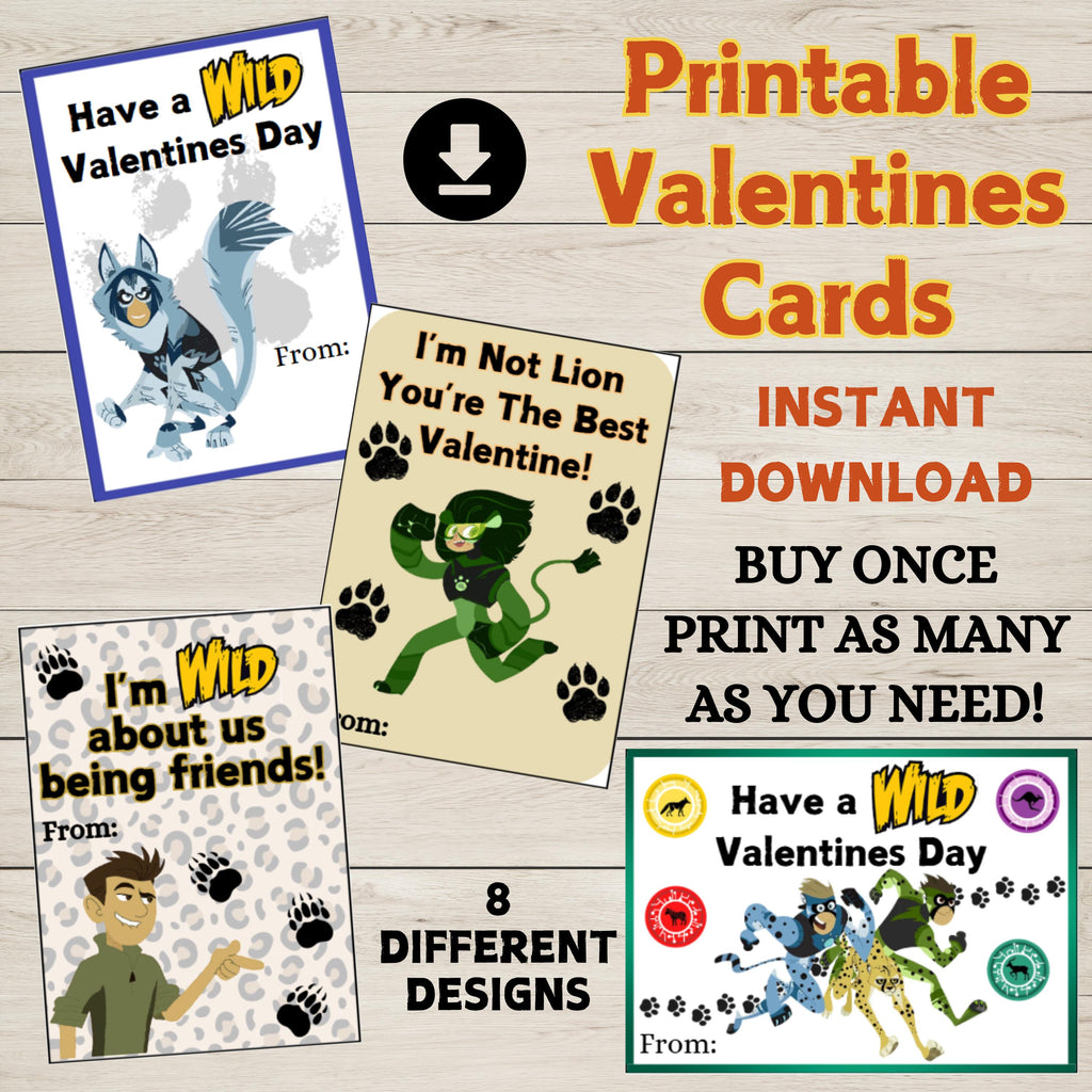Wild Kratts Valentine's Day Cards instant download, Printable Wild Kratts Valentine Cards, Wild Kratts Happy Valentine's Day cards for class