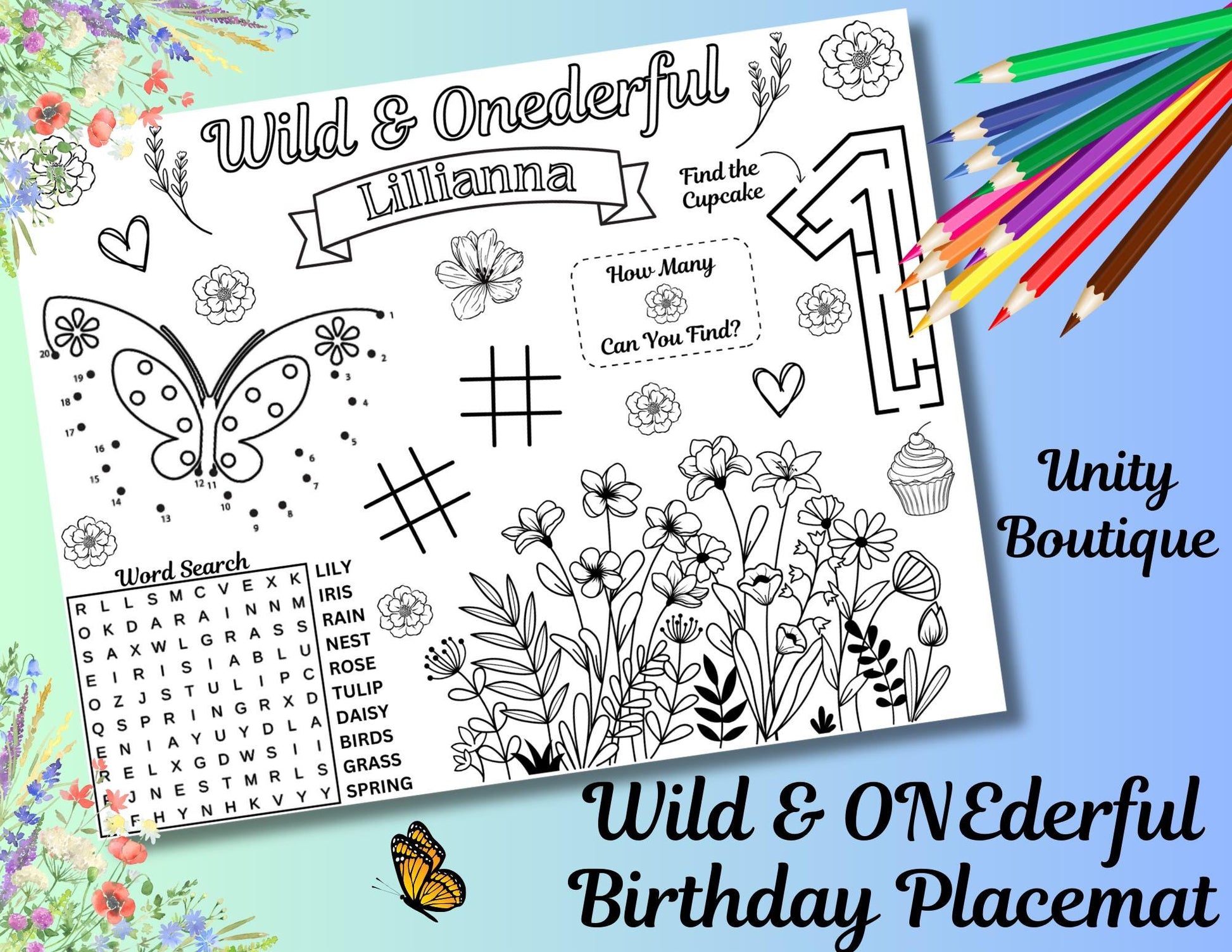 Personalized Wild and Onederful Birthday Party Activity Sheet, Wildflower Themed Party