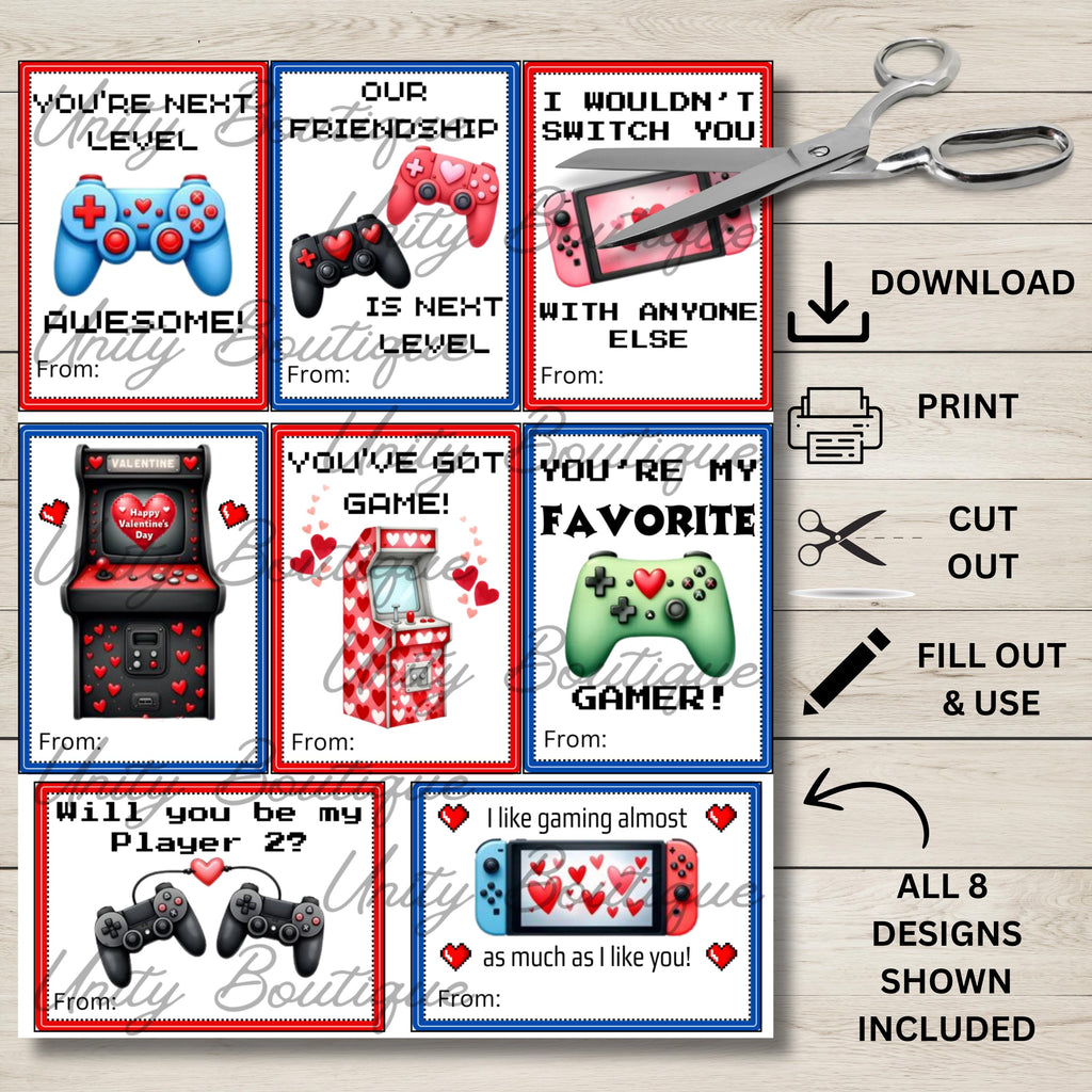 Video Game Valentines, INSTANT DOWNLOAD, Gamer Valentine, Boy Valentines Cards For School Classroom, Printable Retro Gaming Kids Valentines