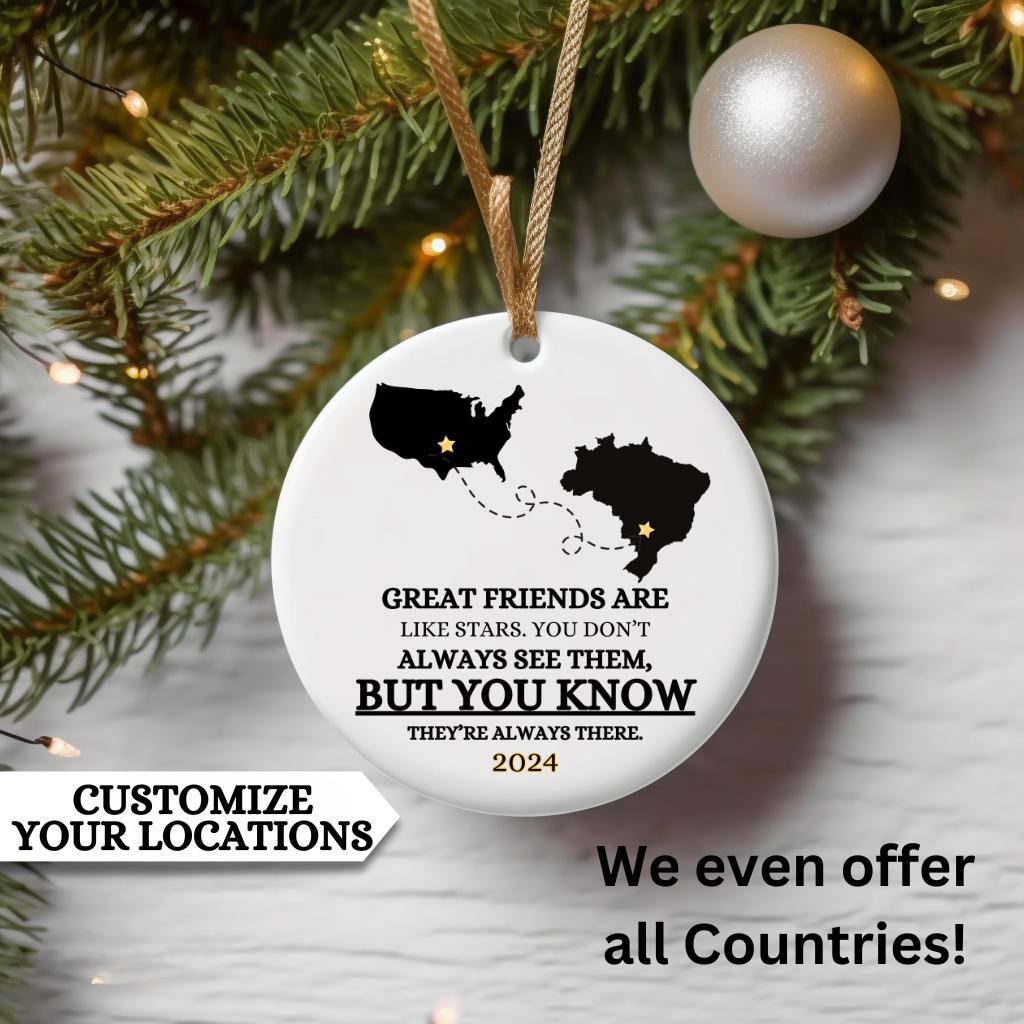 Long Distance Friend Ornament, Personalized Long Distance Gift For Best Friend, Any Two States or Countries, Great Friends Are Like Stars