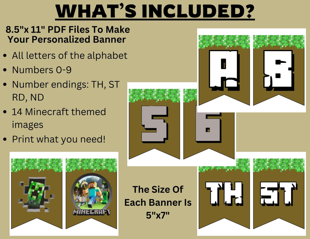 Personalized Minecrafter Birthday Printable Banner, Instant Download Pixel Game Banner, Pixel Craft Birthday Banner, Mine Gamer Party Decor