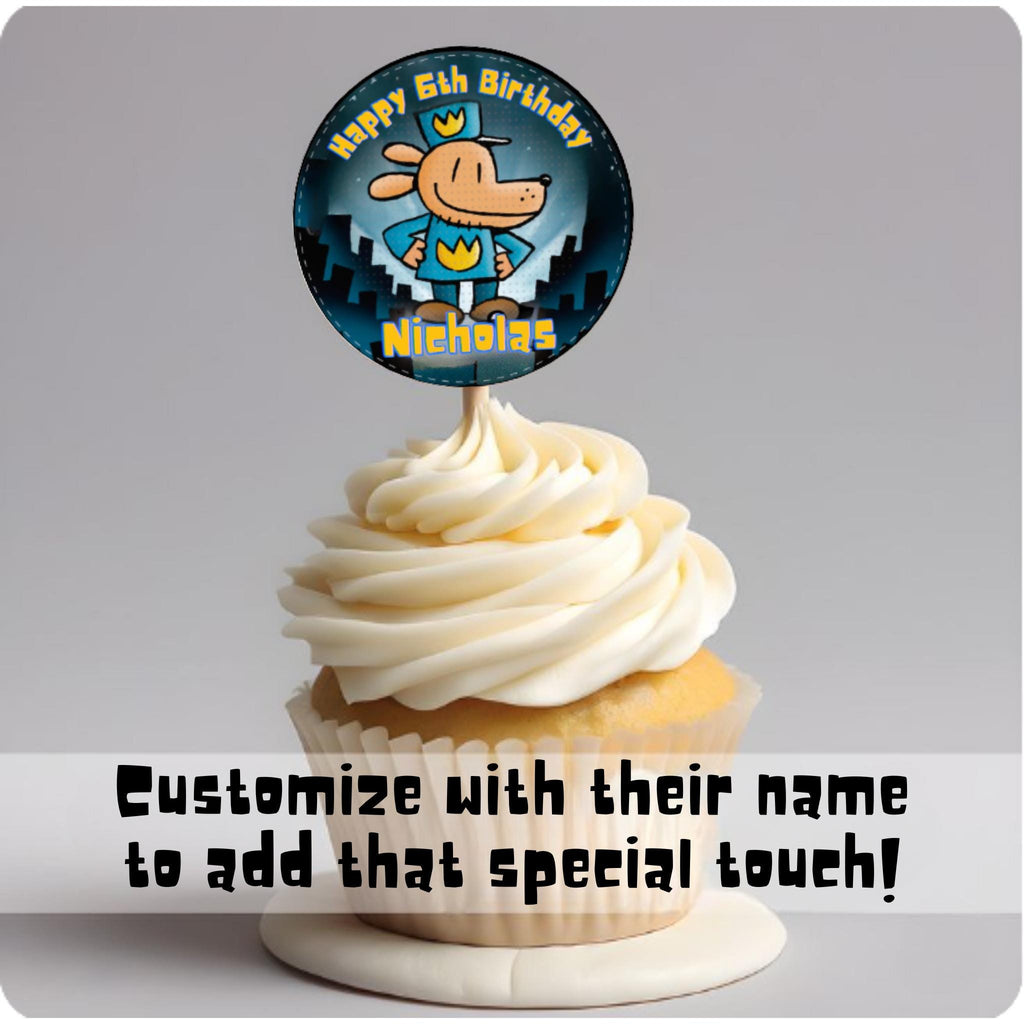 Personalized Dog Man Birthday Cupcake Toppers, Dogman Party Supplies, Custom Dog Man Birthday Decor