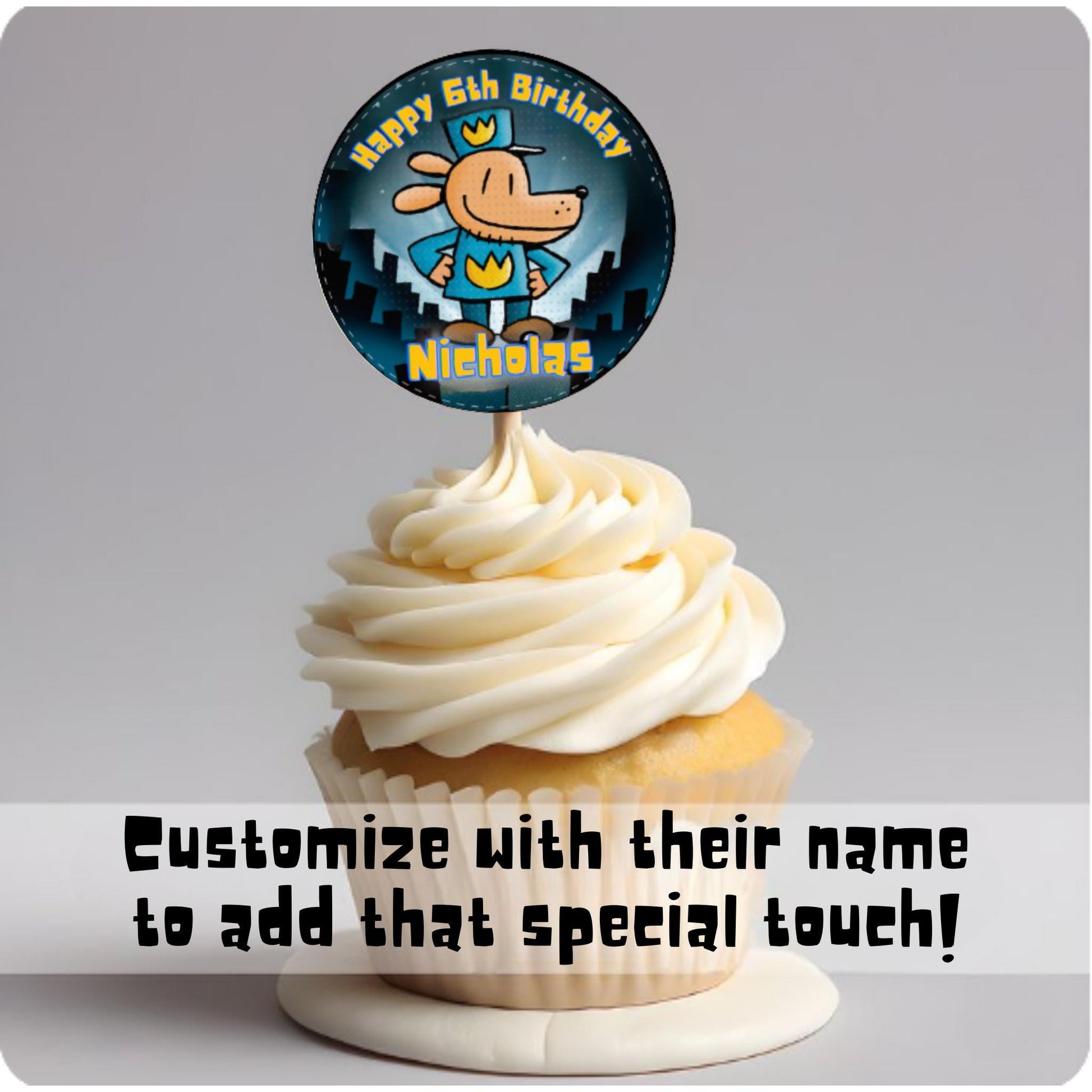 Personalized Dog Man Birthday Cupcake Toppers, Dogman Party Supplies, Custom Dog Man Birthday Decor